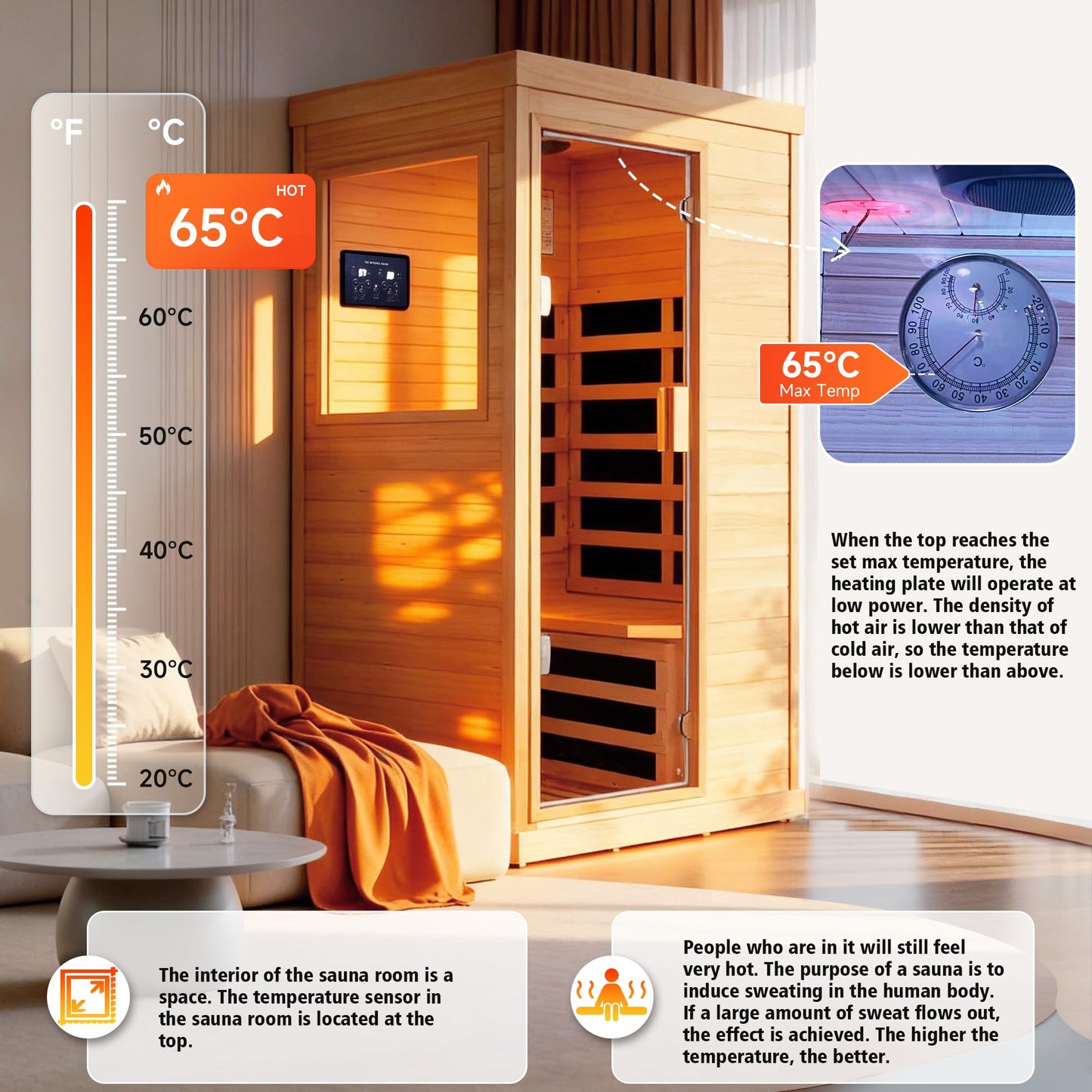 OUTEXER Far Infrared Sauna Home Sauna Spa Room Canadian Hemlock Wood 1200W Indoor Saunas Low EMF 110V with 7 Color Light and Tempered Glass Door, Room: 35.2 * 27.6 * 61.6Inch