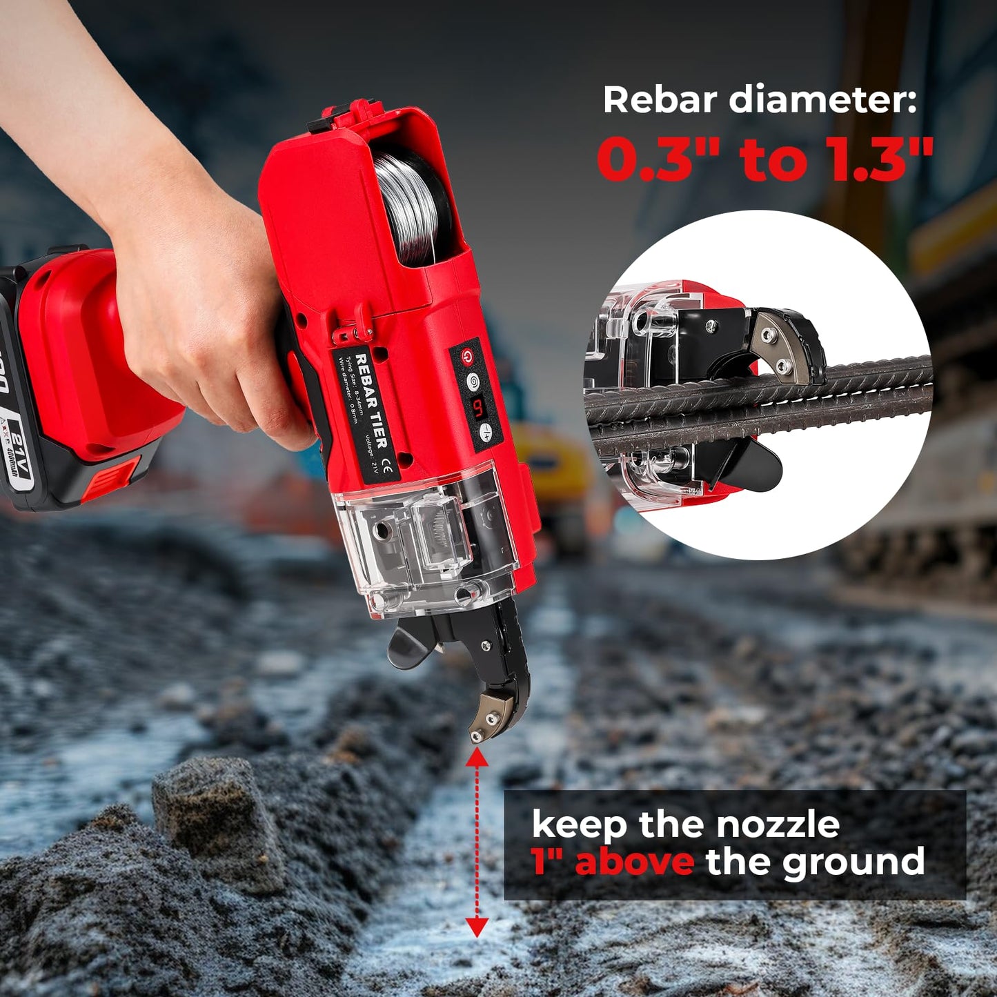 Rebar Tying Machine, Automatic Rebar Tie Gun, Electric Cordless Wire Twister Tool, Battery Powered 1-9 Tightness Adjustable for Φ 0.3" to 1.3" Rebars