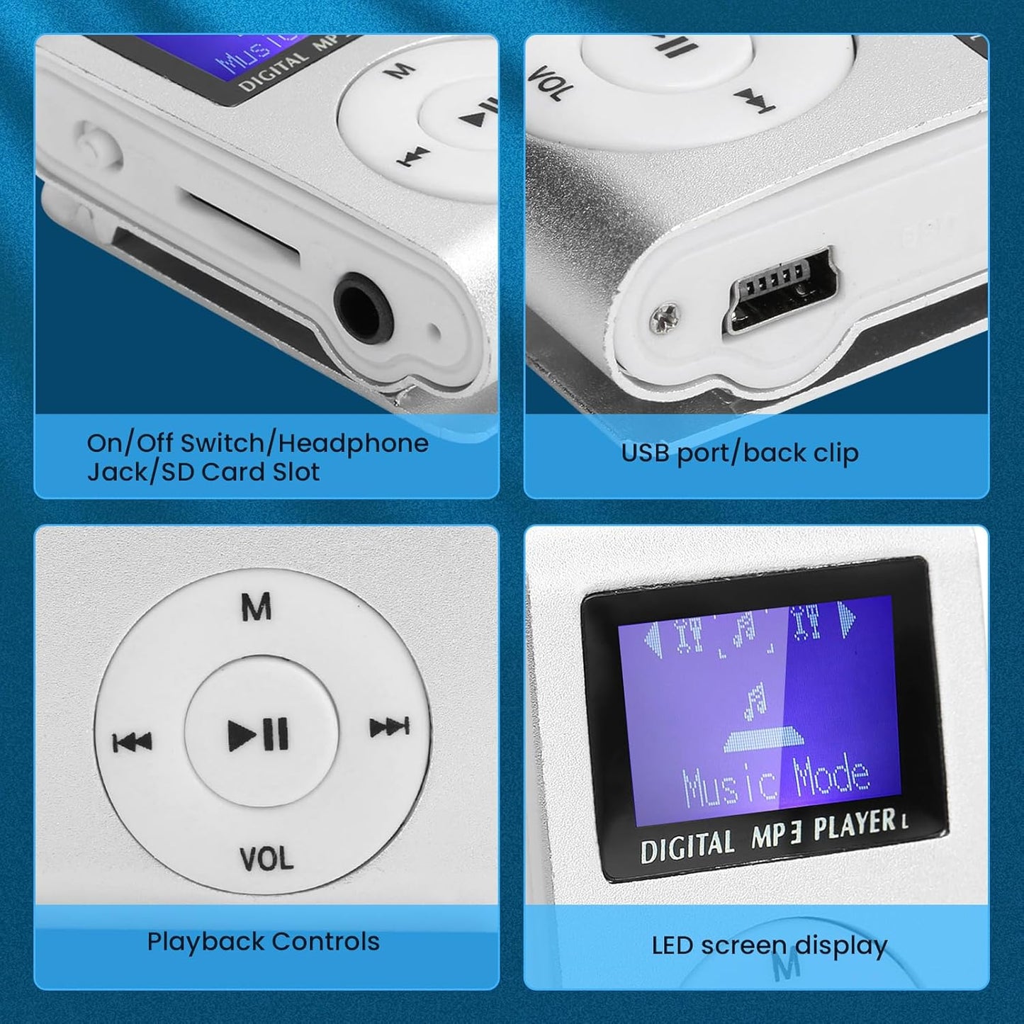 SALALIS MP3 32GB Music Player with Clip, USB & LCD Screen, Supports Memory Card, Earphone & USB Cable (Silver)