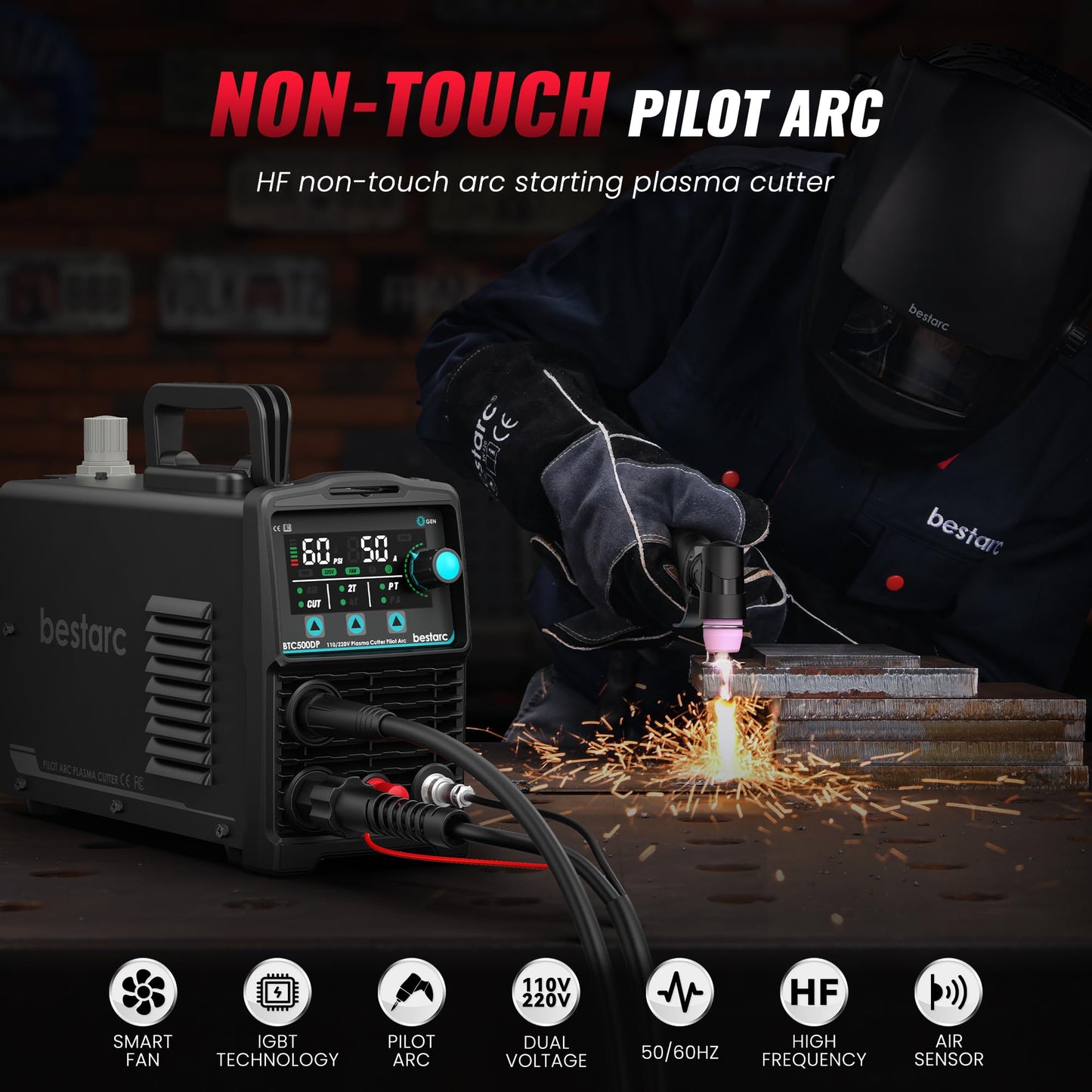 bestarc Pilot Arc Plasma Cutter, [LED Display][Air Sensor] 50A Plasma Cutter Machine 110/220V Dual Voltage, 1/2'' Clean Cut 3/4 Inch Max Cut, Post Flow Mesh, 2T/4T for Beginners DIY, Black
