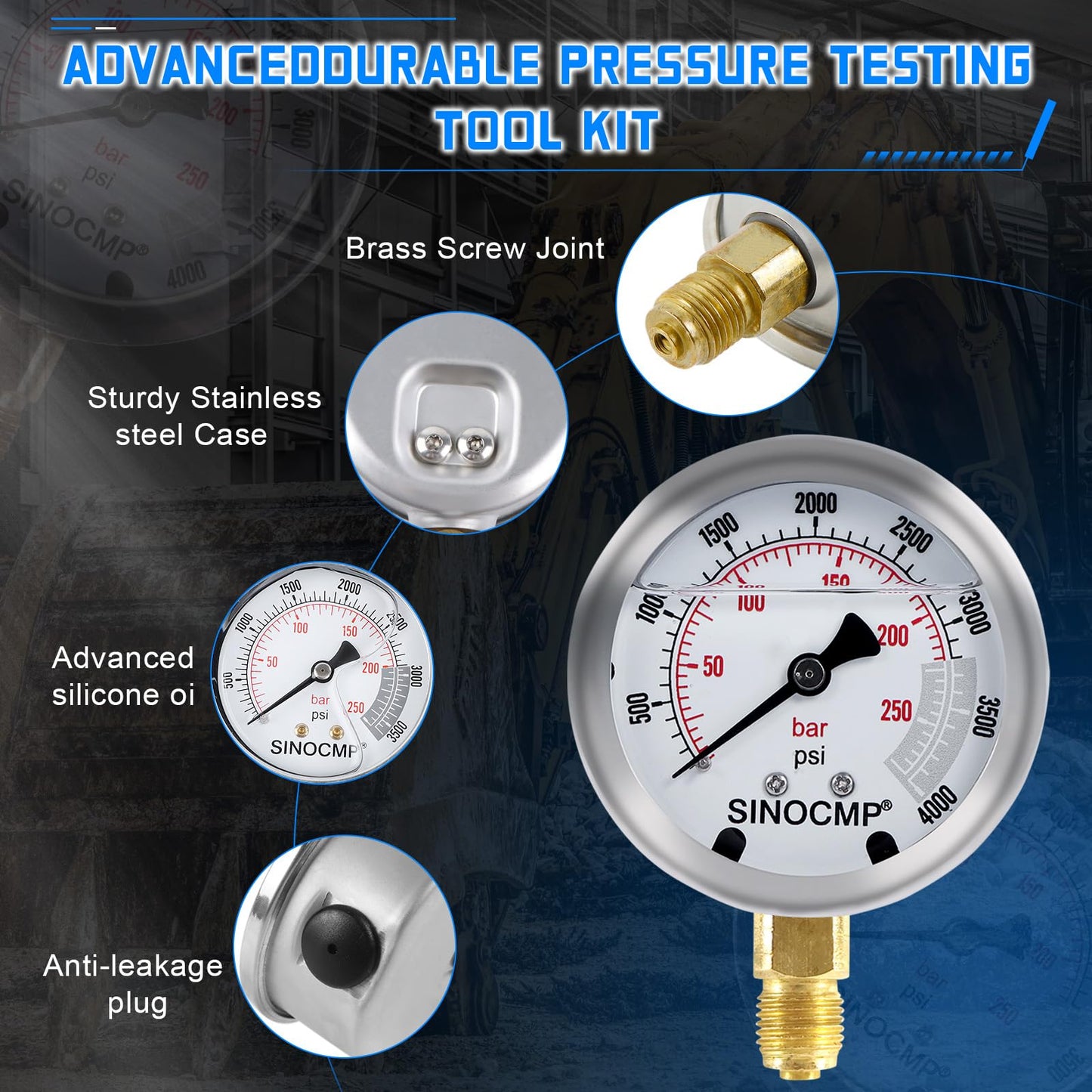 SINOCMP Hydraulic Pressure Test Kit with 5 Gauges 5 Test Hoses 13 Couplings 14 Tee Connectors, Hydraulic Tester Gauge Set 10/100/250/400/600Bar for Excavator Construction Machinery