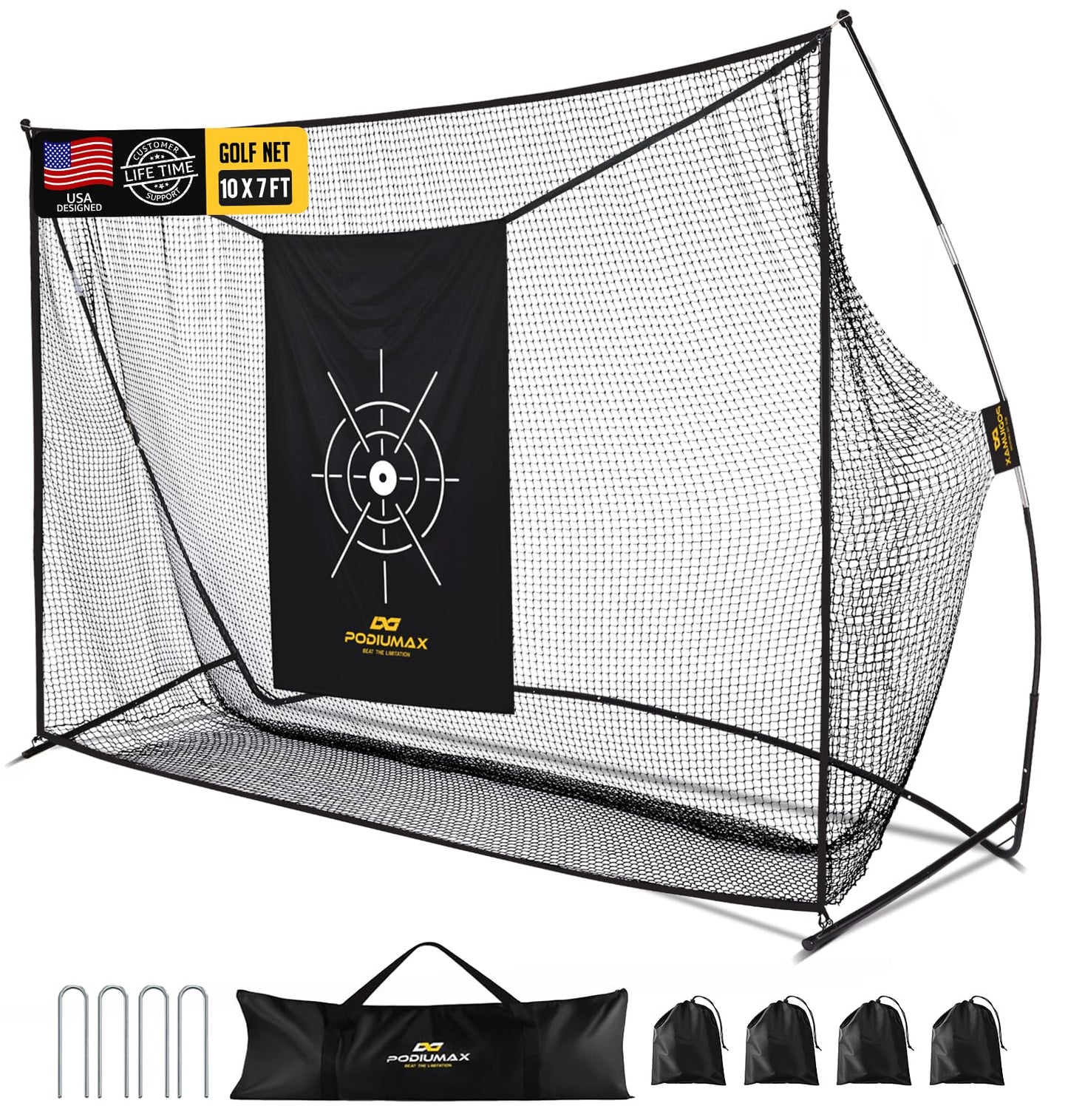 PodiuMax Golf Net, 10x7ft Golf Practice Net with Noise Reduce Silk Target Driving Real Balls, Hitting Nets for Backyard Garage, Improve Chipping Putting Pitching,Gift for Men & Golfers