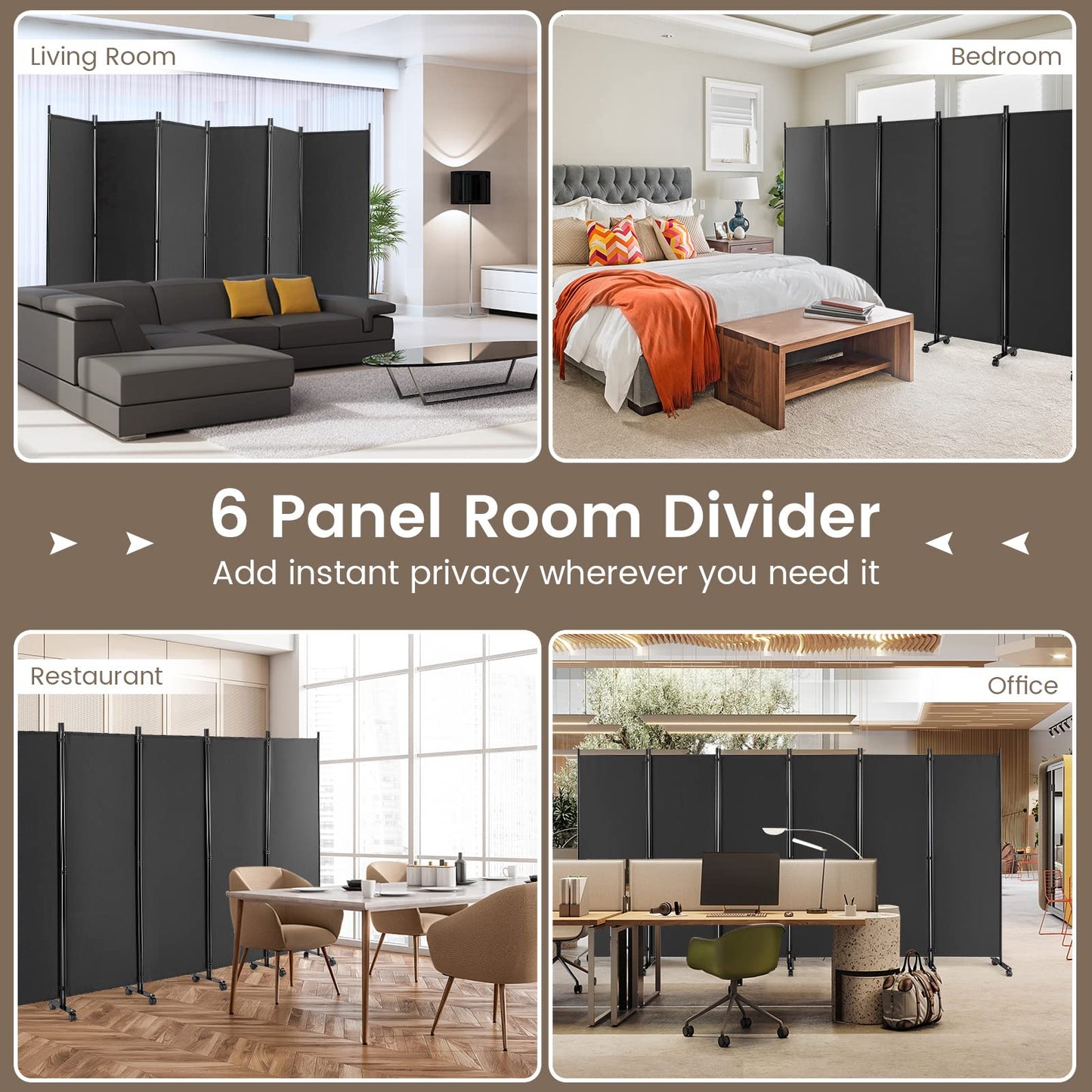 Giantex 5.7Ft 6-Panel Folding Room Divider with Rollers Grey- 132" Wide Large Rolling Foldable Privacy Screen, Lightweight Portable Wall Partition Separation Room Dividers with Wheels