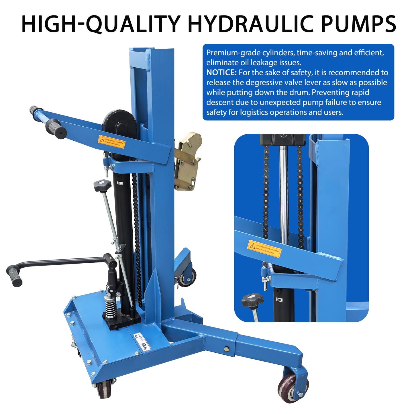 HayWHNKN Manual Hydraulic Drum Handler, Drum Lift Truck with Extendable Legs for 30-55 Gal Steel/Plastic Barrels, 450kg Capacity, 19.69" Lift Height, Easy Clamp Eagle Beak, for Factories & Warehouse