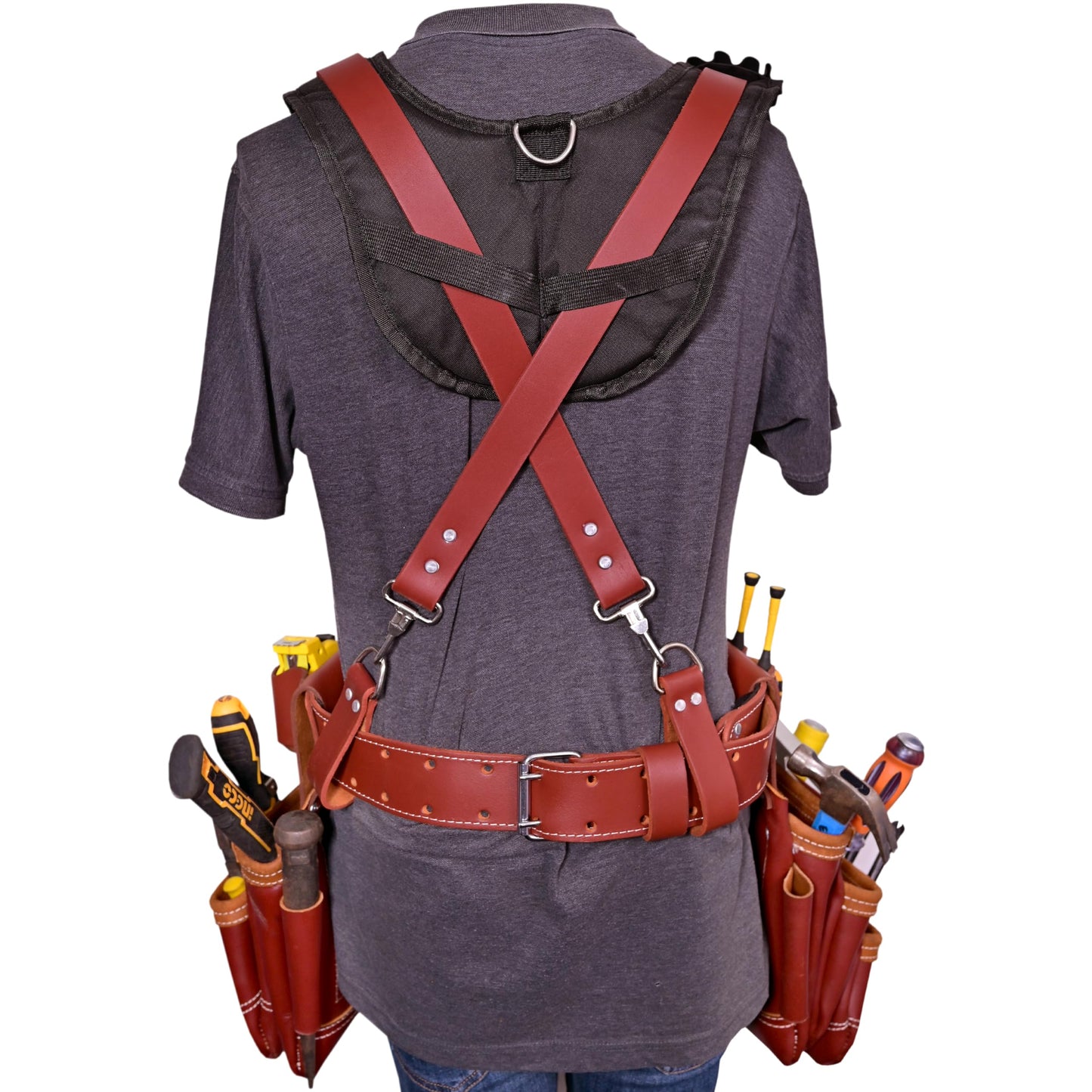 Rig Gears Leather Tool Belt with Suspender Detachable D-Loop Adjustable Padded Suspender Full Grain Leather Work Belt for Construction, Carpenters, Electricians, Farming Oil Tanned