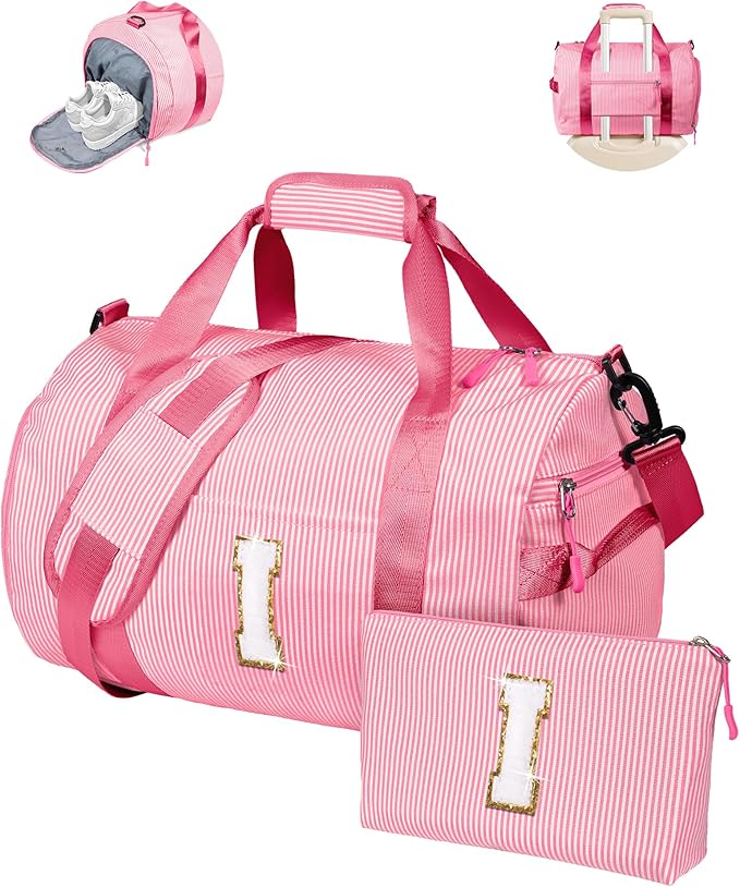 Birthday Gift for Granddaughter, Girl Gym Bag, Kids Initial Overnight Duffel Bags with Shoe Compartment, Personalized Travel Bag with Makeup Pouch, Gifts for Teenage Girls (Letter I)