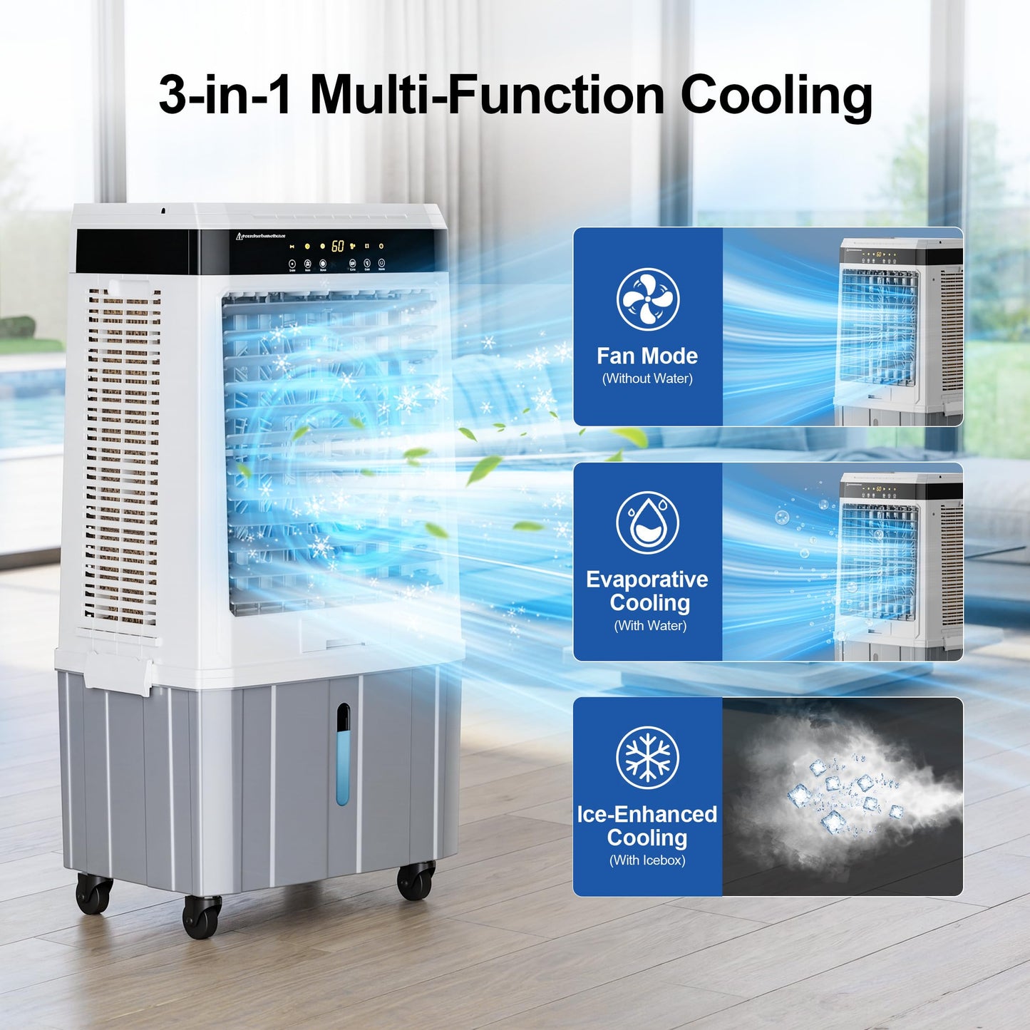 AKIRES 2800CFM Swamp Cooler Air conditioner,Evaporative Air Cooler with 9.5Gal Detachable Water Tank,Ice Packs,12H Timer,Portable Cooling Tower Fan for Indoor Outdoor White