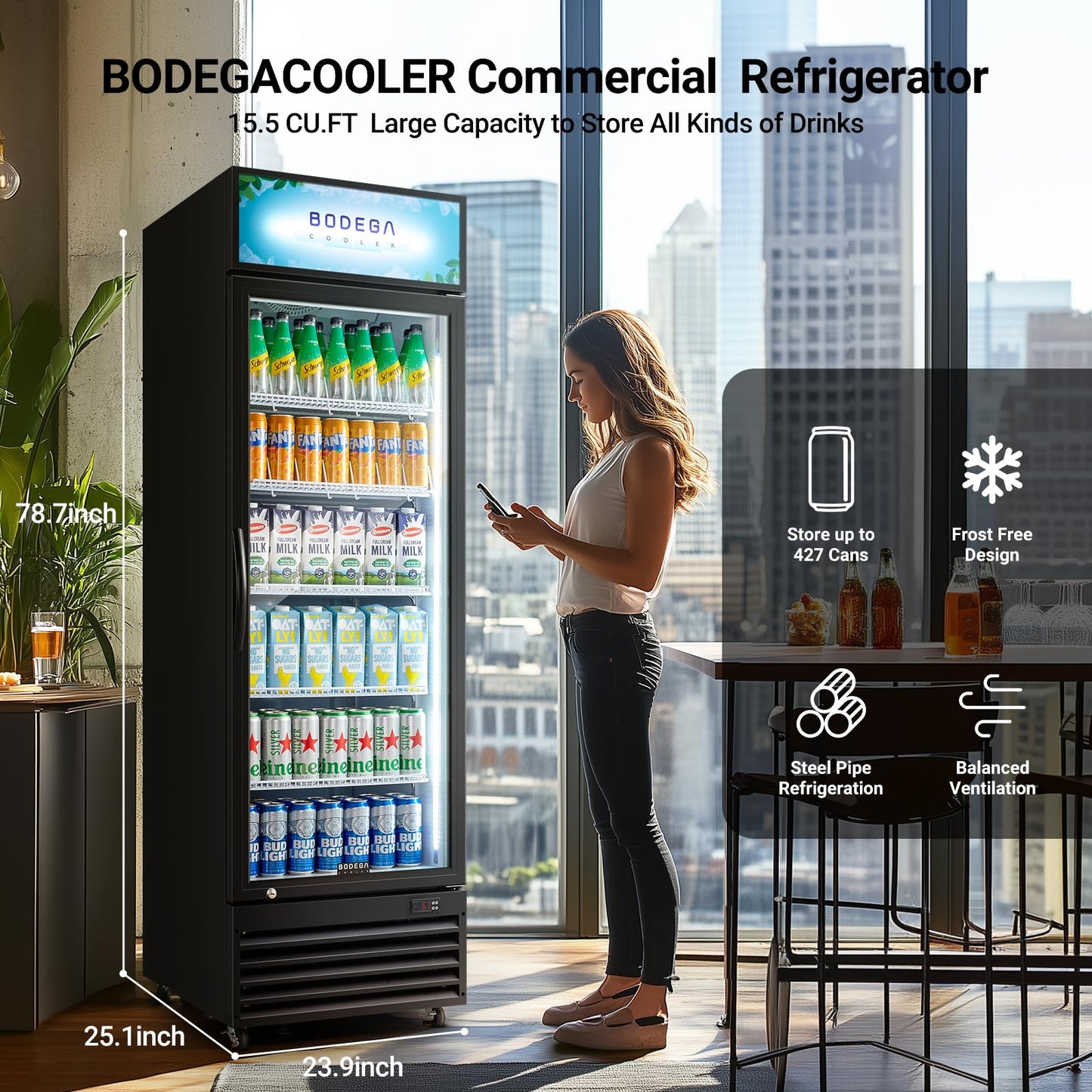 BODEGA BODEGACOOLER 15.5 Cu. Ft Commercial Beverage Refrigerator, Glass Door Upright Display Cooler, 420 Cans Drink Fridge with LED Light, 5 Adjustable Shelves, Lock, Black
