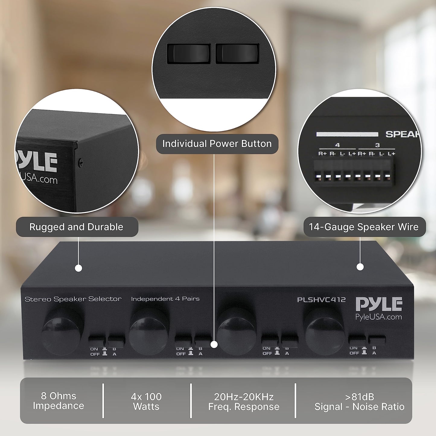 Pyle 4 Channel High Power Stereo Speaker Selector with Volume Control - Rugged and Durable Housing Construction, Cabinet Heat Sink, Plug and Play Easy Install - PLSHVC412