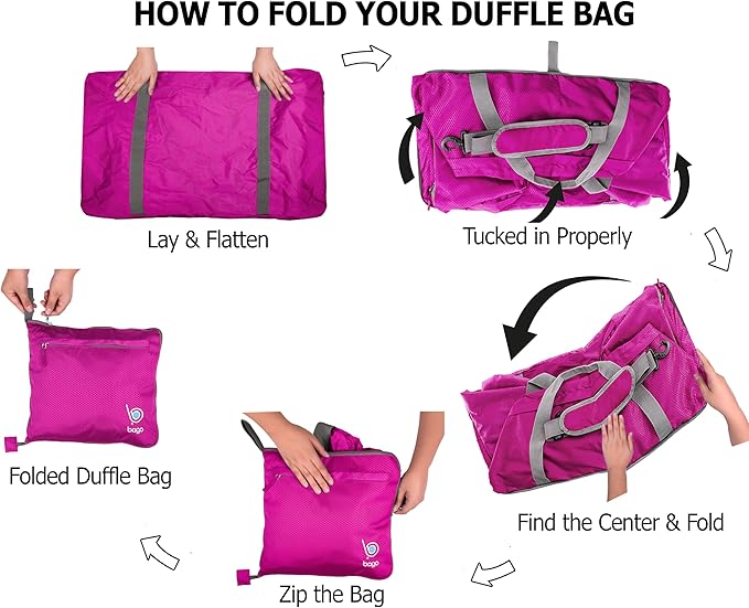 Bago Large Foldable Duffel Bags for Traveling Women & Men - 100L Packable Duffle Bag for Travel with Shoe Compartment - Water Repellant, Heavy Duty, Lightweight Folding & Collapsible (Pink)