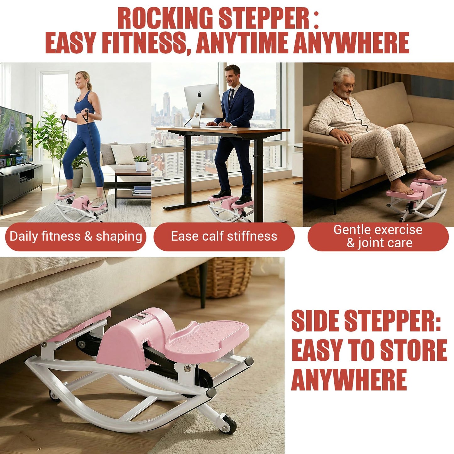 Rock Stepper for Exercise at Home, Rocking Stepper Side to Side with Resistance Bands & Digital Display, 300 LBS Capacity Full Body Workout Low-Impact Knee-Friendly Anti-Slip Side Stepper