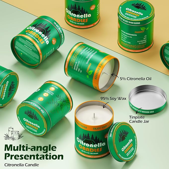 Citronella Outdoor Candles Set | 2-Pack 510g 80H Long-Lasting Burn Time | Natural Soy Wax Jar Tin Lemongrass Candle for Outside Camping,Patio,Fishing |Outdoor Candles Gift for Men&Women/Father's Day