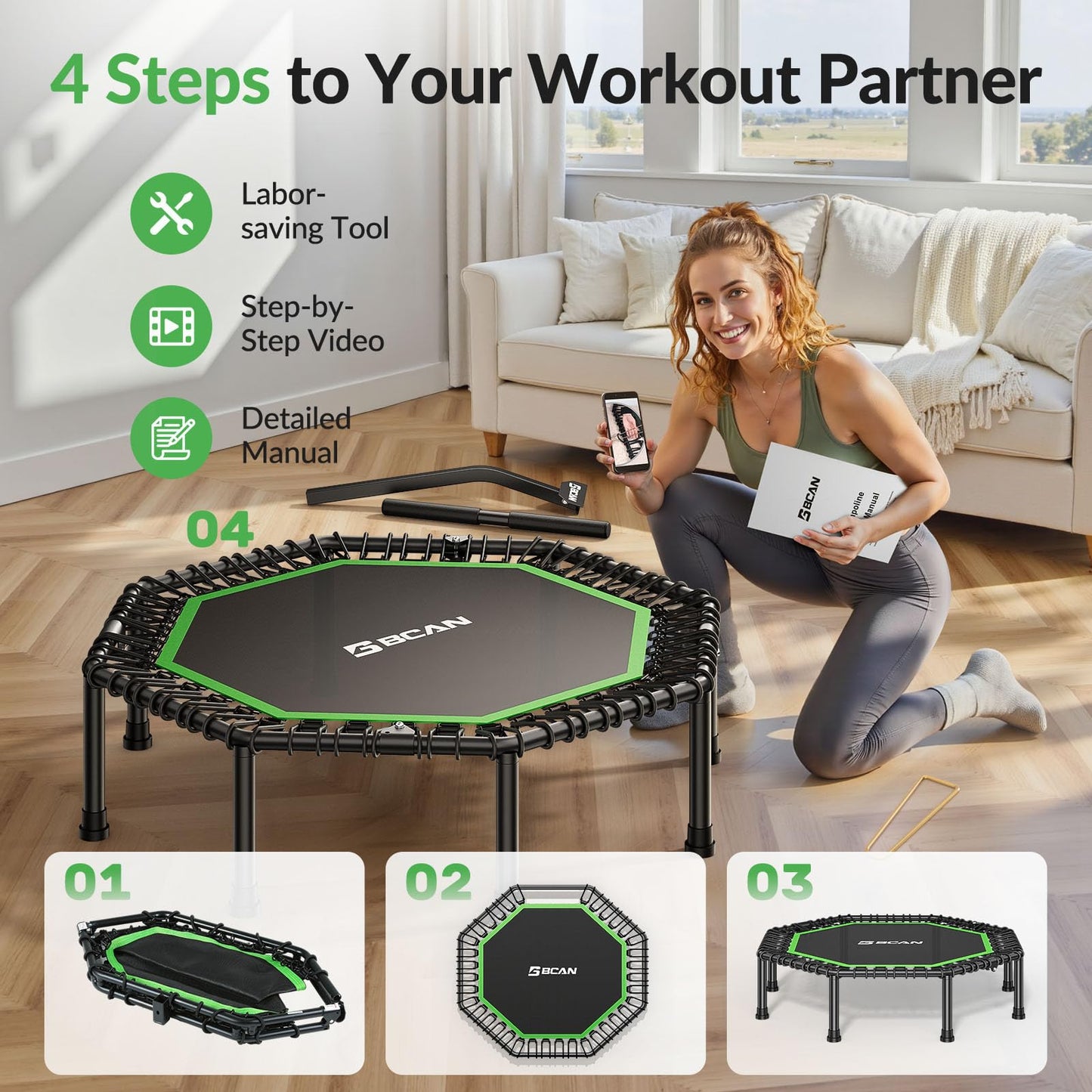 BCAN BT3 51" Octagonal Rebounder Trampoline for Adults, 450LBS Max Load Fitness Trampoline with Large Jumping Area, Silent Bungee Mini Trampoline with T-Adjustable Handle for Home Gym-Green
