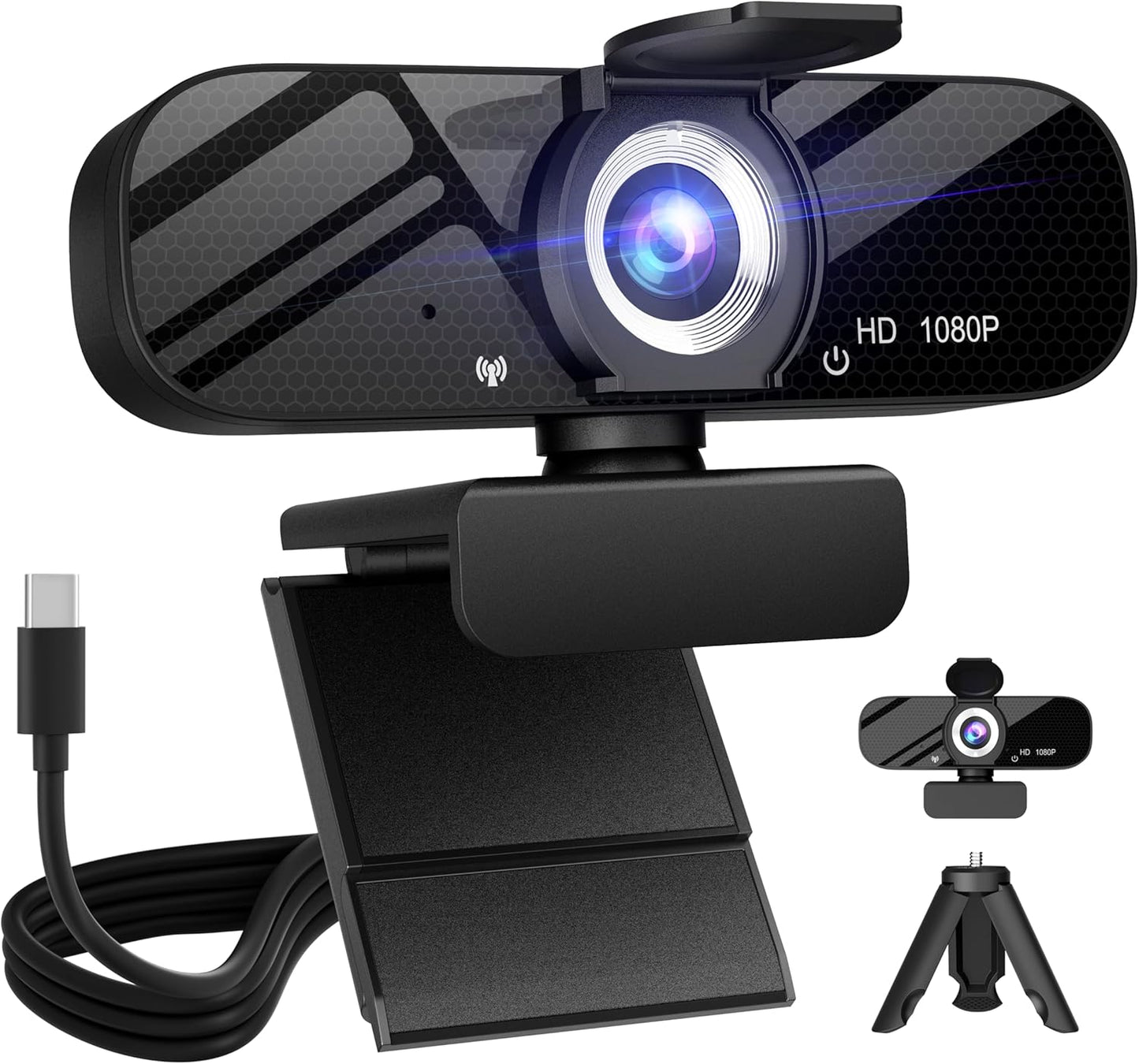 Tewiky 1080P Full HD Webcam with Built-in Microphone and Rotatable Tripod, Video and Wide Angle Camera, Privacy Cover