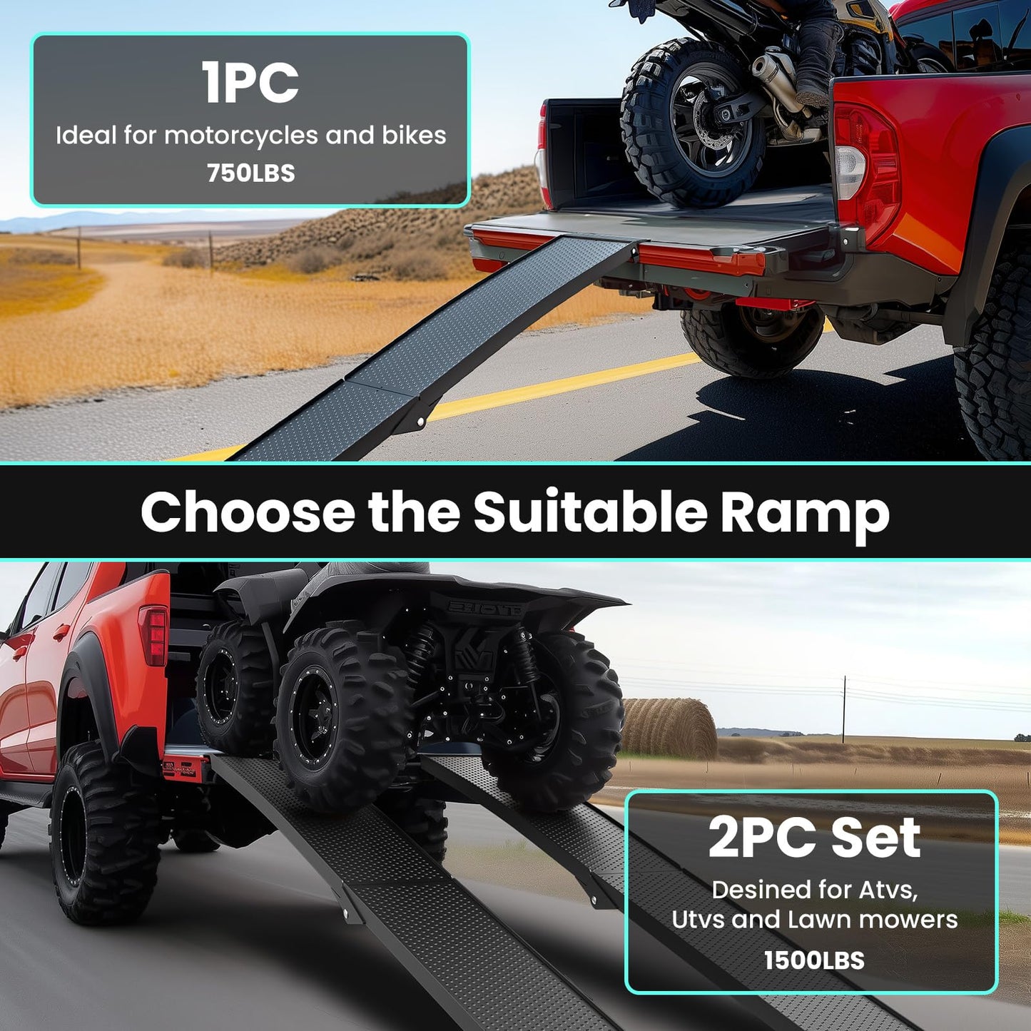 KOLOTOOL 7.5FT Aluminum Truck Ramps, 1500lbs Capacity Folding Loading Ramps, 2 PCS Heavy Duty ATV Ramps for Pickup Trucks, Trailers, Mowers, UTV & Motorcycles, with Load Straps and Carry Handle