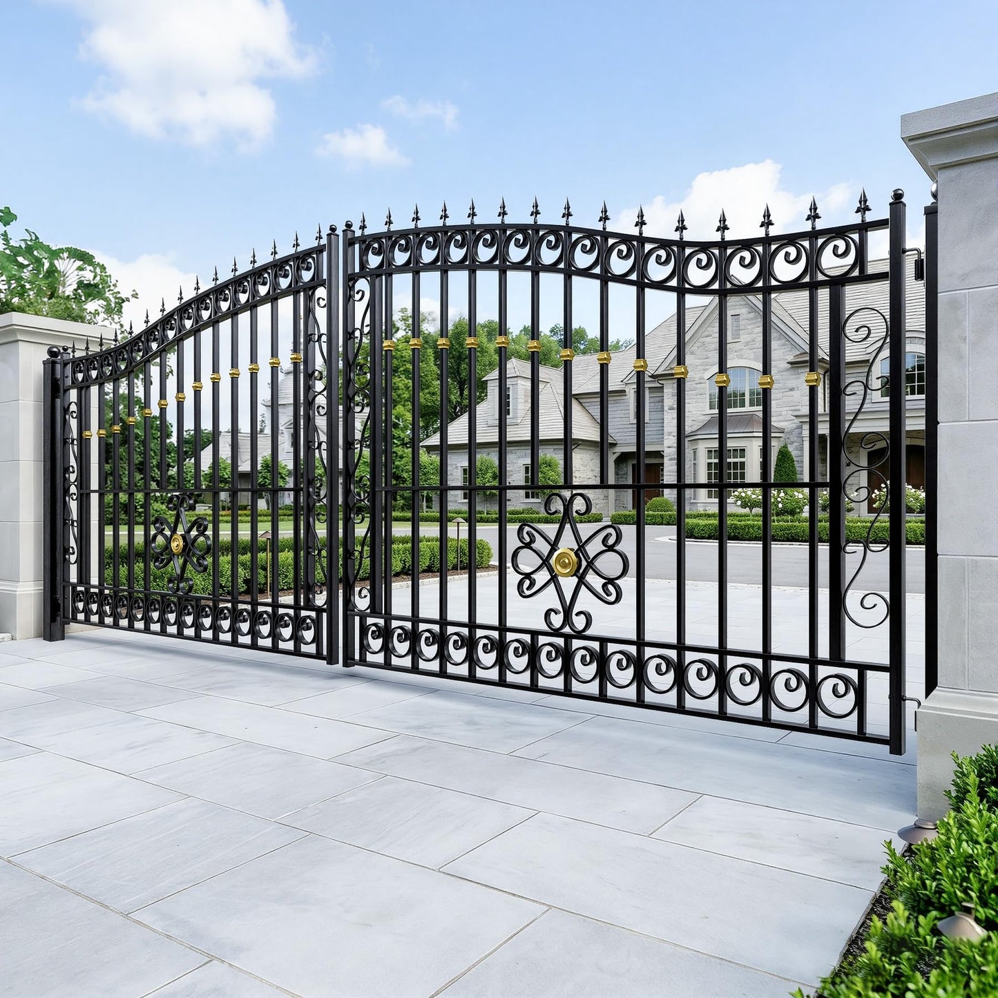 ZUMI Dual Swing Driveway Gate, 16x6 ft Heavy-Duty Galvanized Steel Security Gate Kit for Home Garden Yard & Family Safety, Outdoor Arched Swing Gate with Scrollwork & Gold-Tone Finials