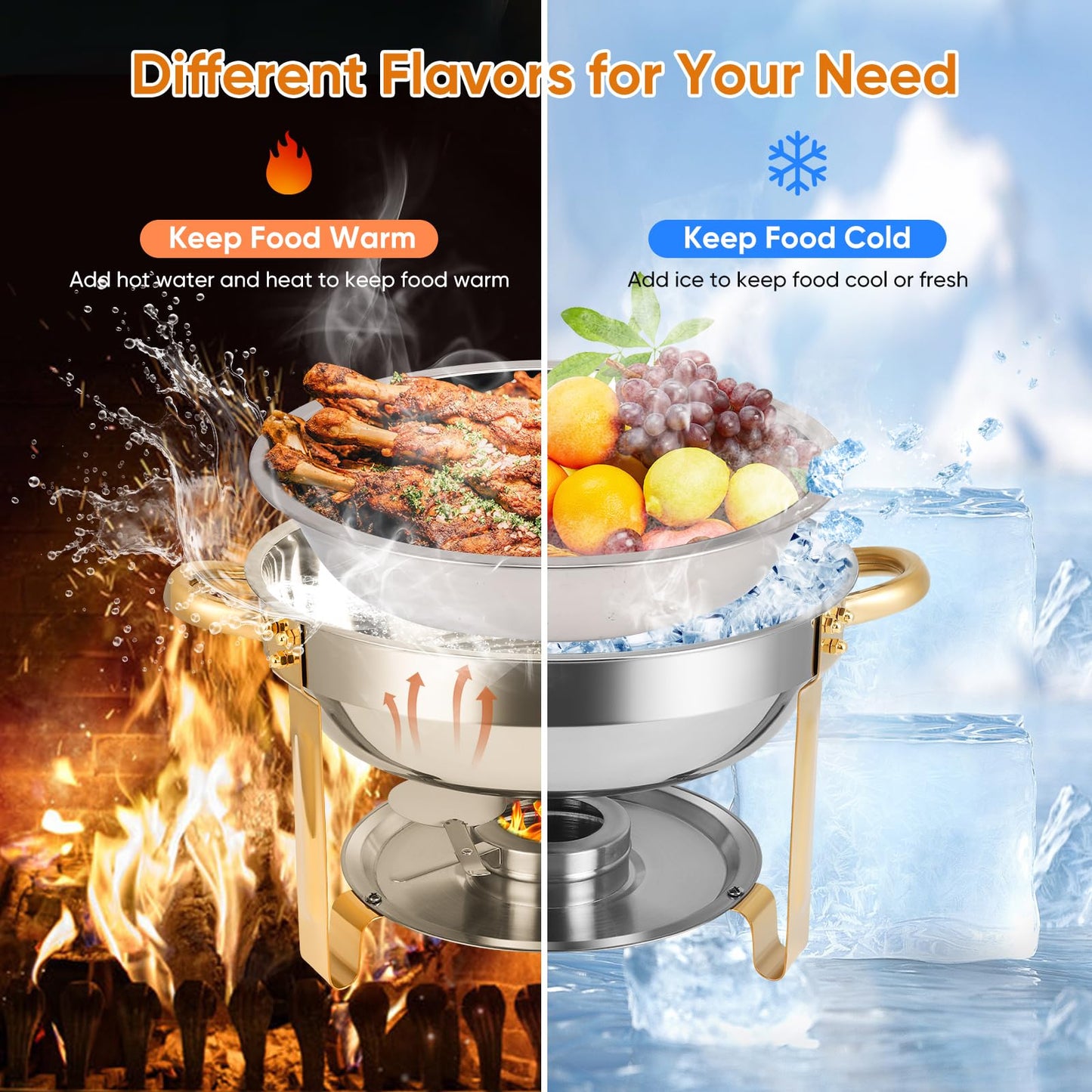 Chafing Dishes for Buffet 2 Pack, 5QT Round Chafing Dish Buffet Set [Elegant Gold and Silver Colors] Stainless Steel Buffet Food Warmers Sets for Catering Events Home Parties Dinners with Complete Set