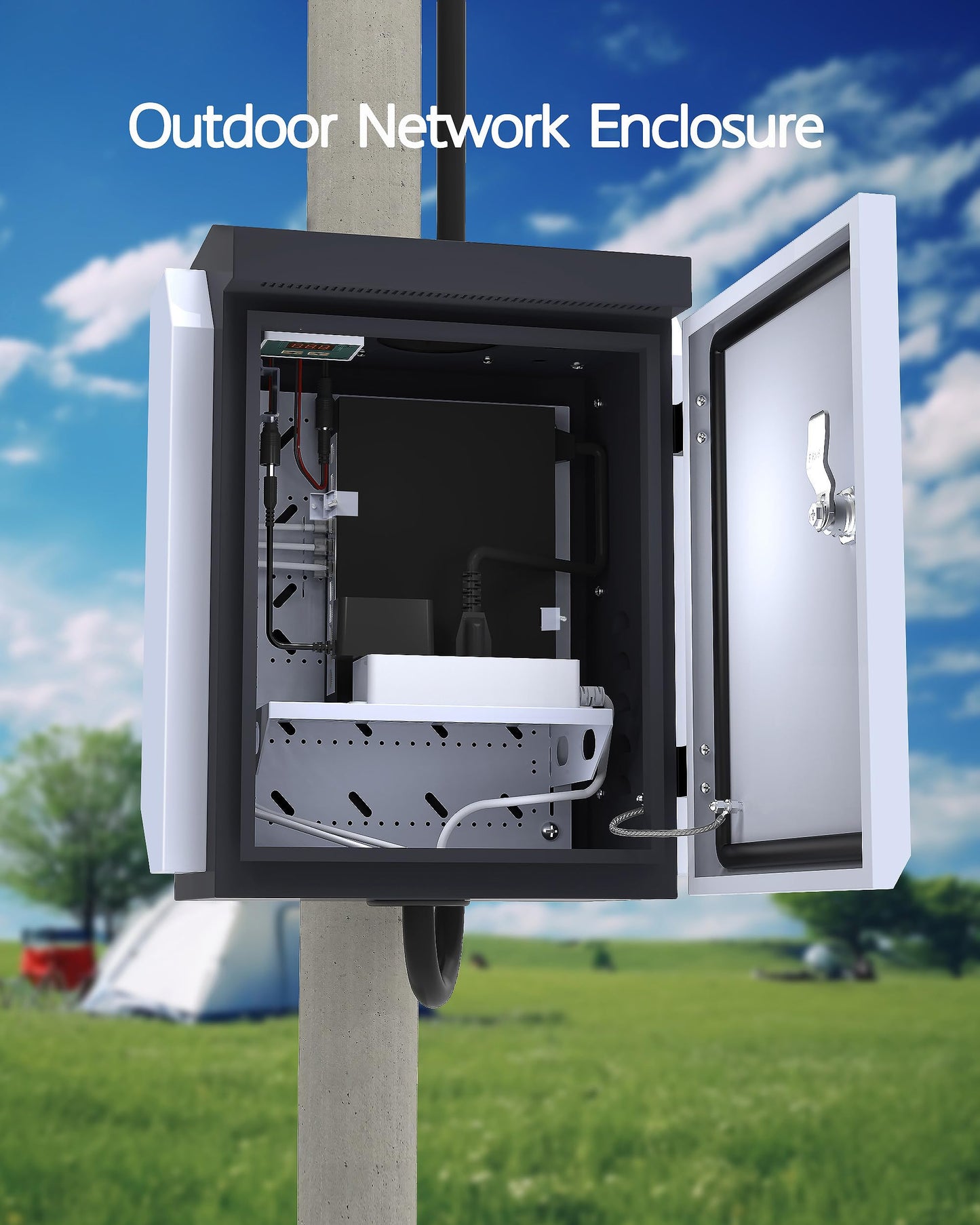Akwscyby Outdoor Electrical Box with Thermostat and Fan, Precise Temperature Control 0.1°F, IP65 Water Resistant Rating, Galvanized Steel, Aluminum Rear Beam(17.7"x13.4"x9.0")