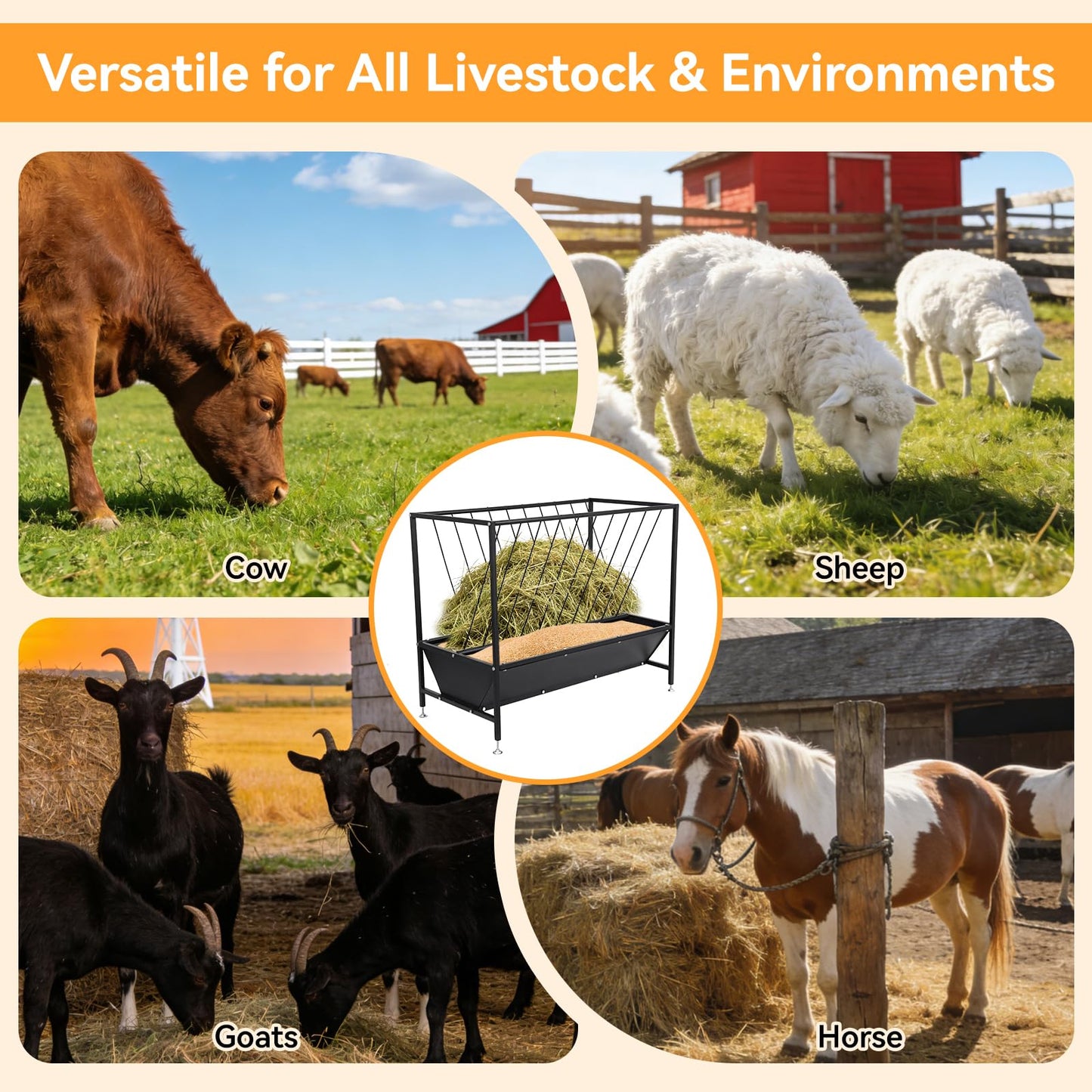 FULUPET 70 Gallon Pasture Hay Feeder, Heavy-Duty 2-in-1 Livestock Feeder with Grain Trough, Galvanized Steel Hay Rack for Goats, Sheep, Calves & Miniature Horses, Weather Resistant Farm Manger