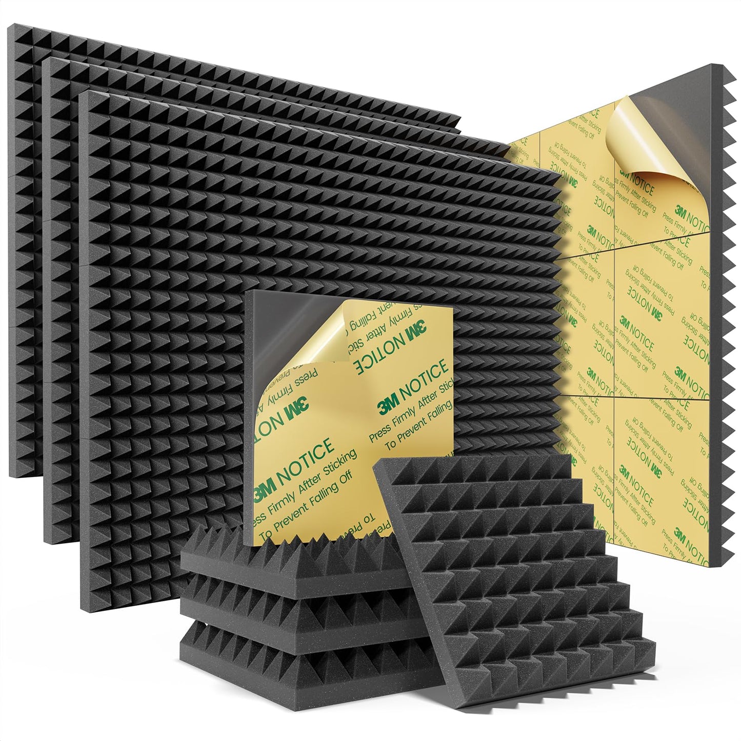 Sonicism Sound Proof Foam Panels for Walls Self-Adhesive 64 Pack Pyramid 2"X 12"X 12" Acoustic Panels 35kg/m³High Density,Soundproof Wall Panels Fast Expand,Sound Absorption and Decoration,Black