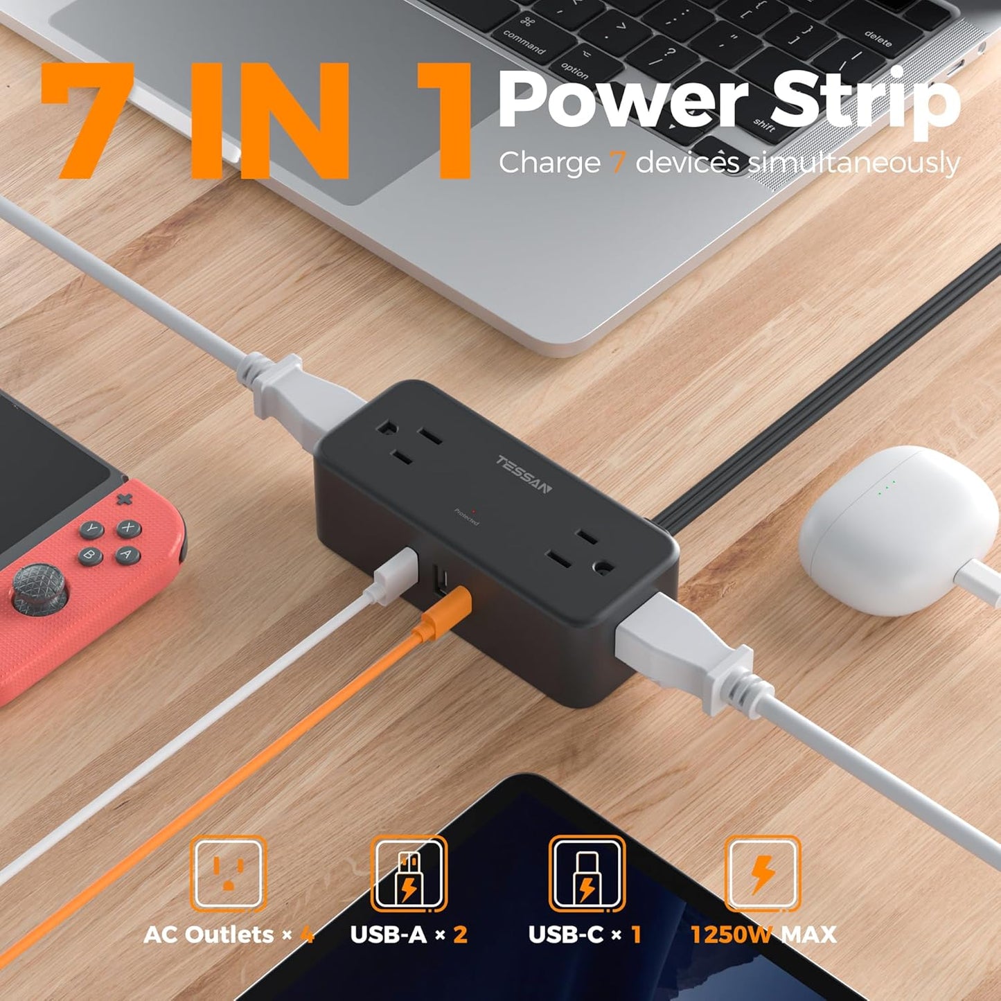 TESSAN 5 4 1 2 900 Flat Plug Extension Cord FT, Surge Protector Power Strip with AC Outlets USB C and USB A Ports