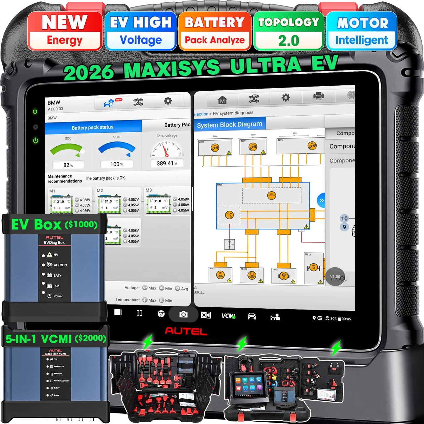Autel MaxiSYS Ultra EV Intelligent Scanner, 2026 EV Ver of Ultra S2, High-Voltage System & Battery Pack Analyze, $1000 EVDiag KIT, 5IN1 VCMI, 2.0 Topology, 3K+ Bidirectional, 40+ Reset, Motor Truspeed