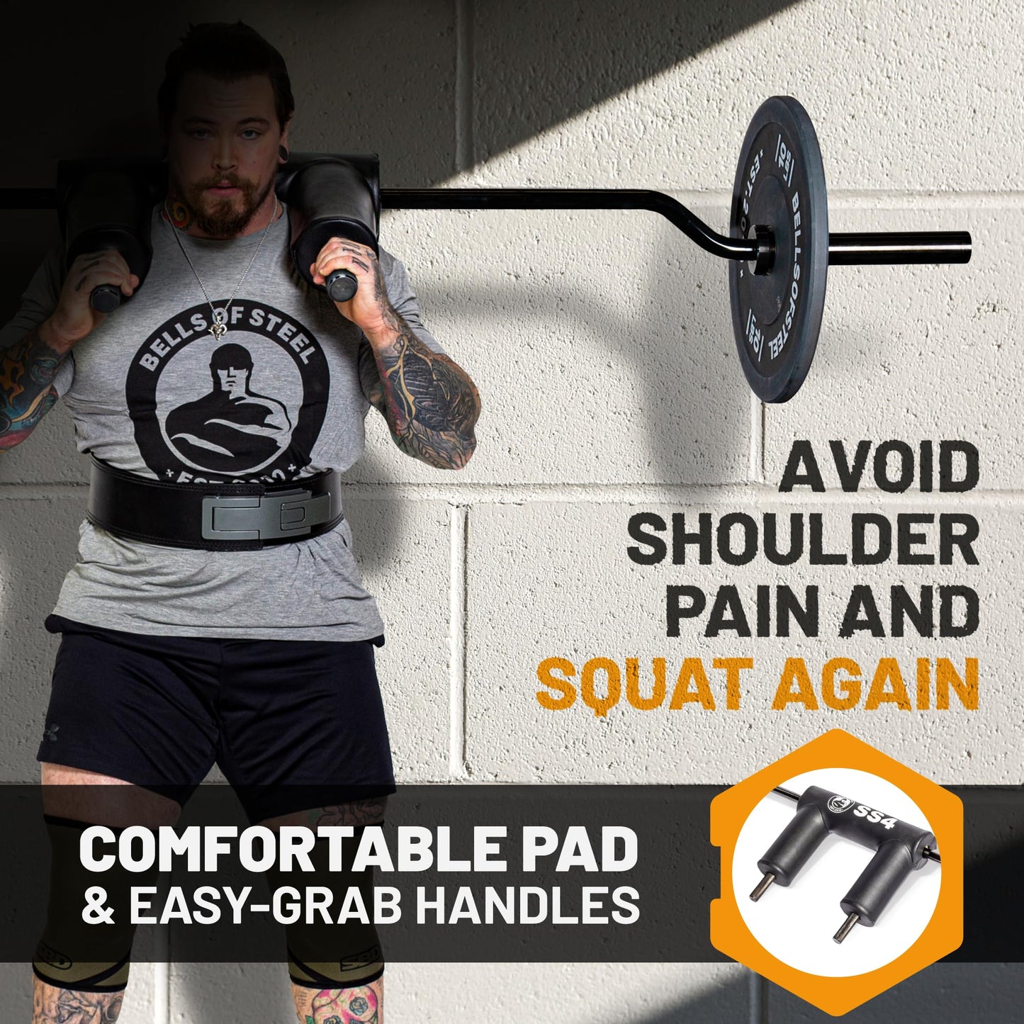 Safety Squat Bar [Bells of Steel] Safety Squat Barbell 4.0, Black Titanized Sleeve and Shaft Coating, Premium Padded Barbell Pad, 45.6lb, 1500lb Weight Capacity