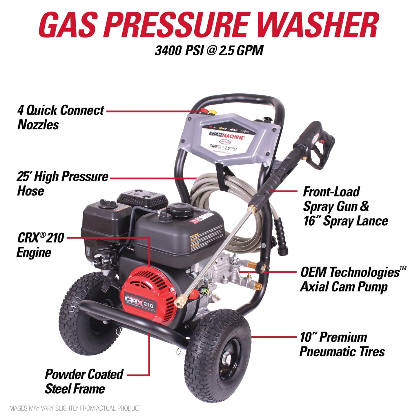 Simpson 3400 PSI Gas Pressure Washer, 2.5 GPM Residential Power Washer, Cold Water, 25' Hose, Clean Machine, 49-State Compliant (CM61083)