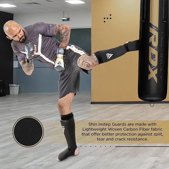 RDX Shin Guards Kickboxing Muay Thai, SATRA Approved, MMA Leg Instep Protection Pads, Sparring Training Martial Arts Boxing, Elasticated Padded Protector, Karate BJJ Taekwondo Gear, Men Women