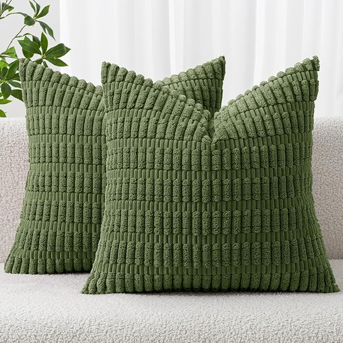 MIULEE Pack of 2 Spring Corduroy Decorative Throw Pillow Covers 16x16 Inch Soft Boho Striped Pillow Covers Modern Farmhouse Home Decor for Summer Sofa Living Room Couch Bed Moss Green
