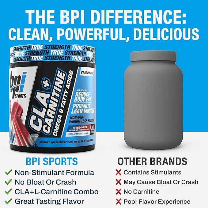 BPI Sports CLA+Carnitine ??CLA L Carnitine & Linoleic Acid ??L Carnitine Supplement for Weight Loss, Metabolism & Lean Muscle ??Caffeine Free ??Rainbow Ice ??50 Servings ??12.34 oz
