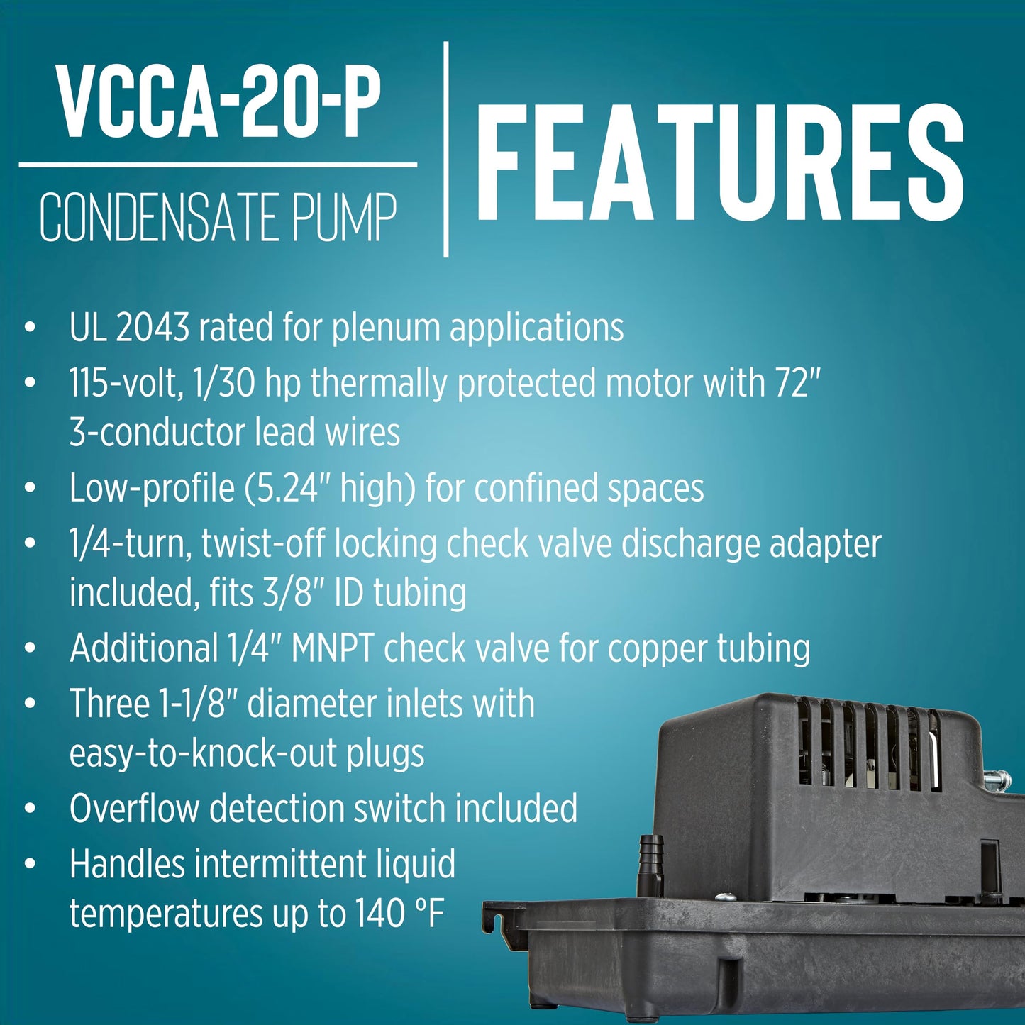Little Giant VCCA-20-P 115 Volt, 1/30 HP, 80 GPH Low Profile Plenum Condensate Removal Pump, 6-ft. Cord (plug-less), Black, 554221101