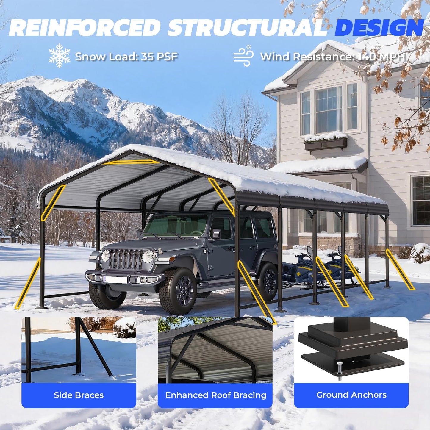 EROMMY13' x 26' Heavy Duty Metal Carport with Galvanized Steel Roof & Base for All-Weather Protection, Outdoor Carport Garage, Versatile for Car, Boat, Tractor, and Party Use, Dark Gray