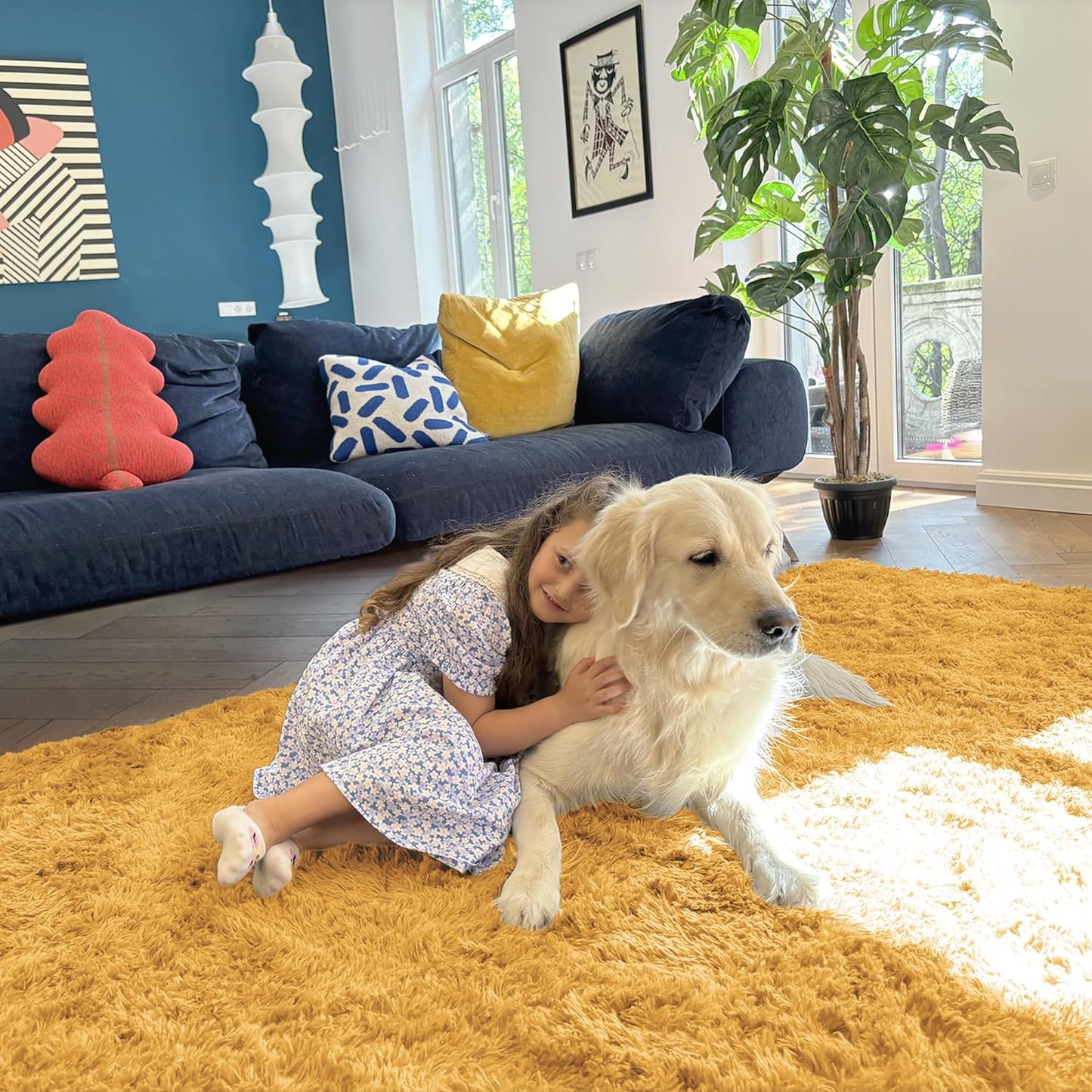 OLANLY Soft Fluffy Shaggy Bedside Rug - Machine Washable 2x3 Entryway Carpet in Mustard Yellow