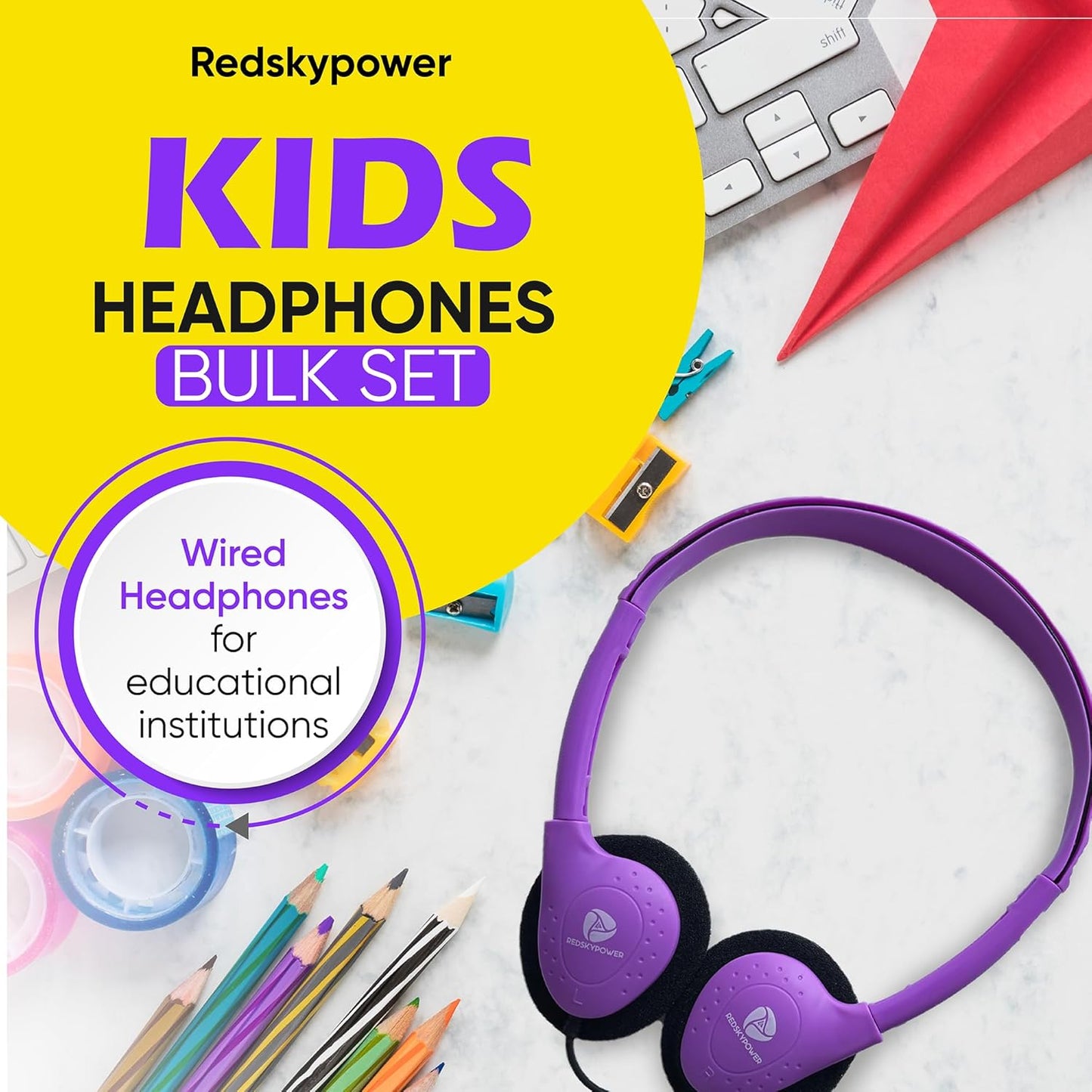 Redskypower 10 Pack 3.5mm 4ft Bulk Wired Headphones, On Ear with Jack, Tangle Free Cable, Comfortable Fit, Affordable