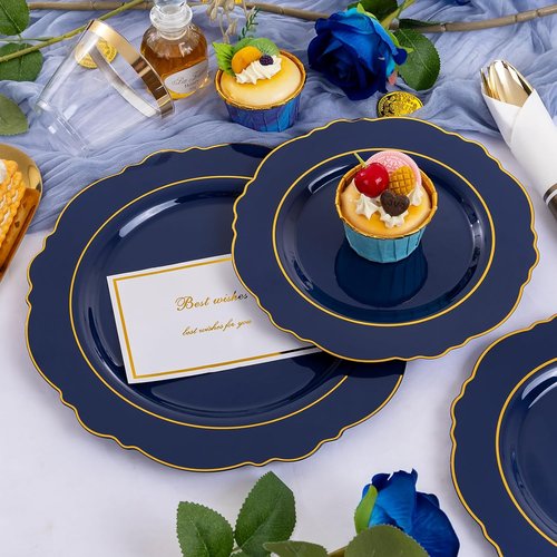 Liacere 350PCS Navy Blue Plastic Plates - Elegant Disposable Dinnerware Set for 50 Guests with Napkins & Silverware