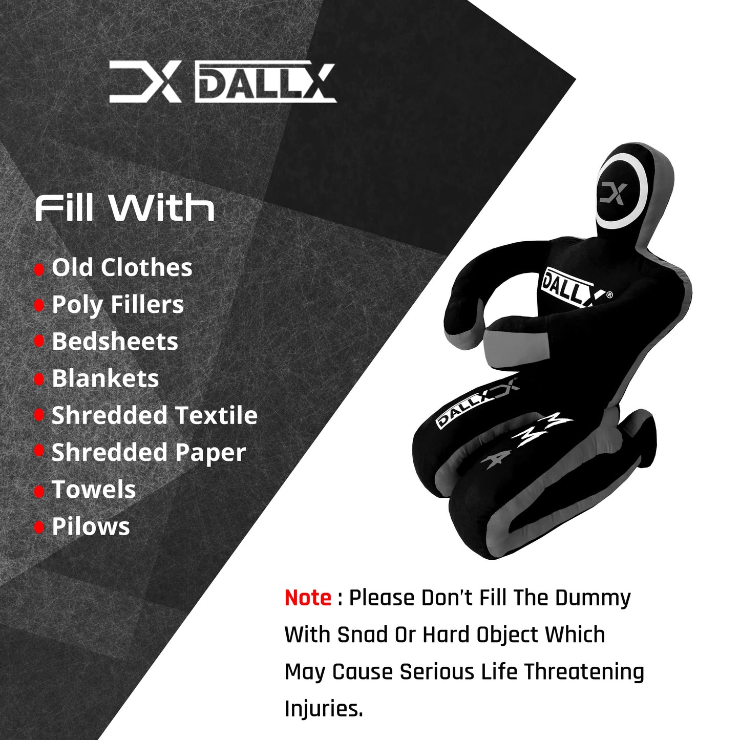 DALLX MMA Grappling Dummy BBJ Wrestling Brazilian Jiu Jitsu Punching Bag Judo Karate Throwing Boxing Fighting Dummy Self Defense Sitting Position – UNFILLED (Black Grey, 6 FT)