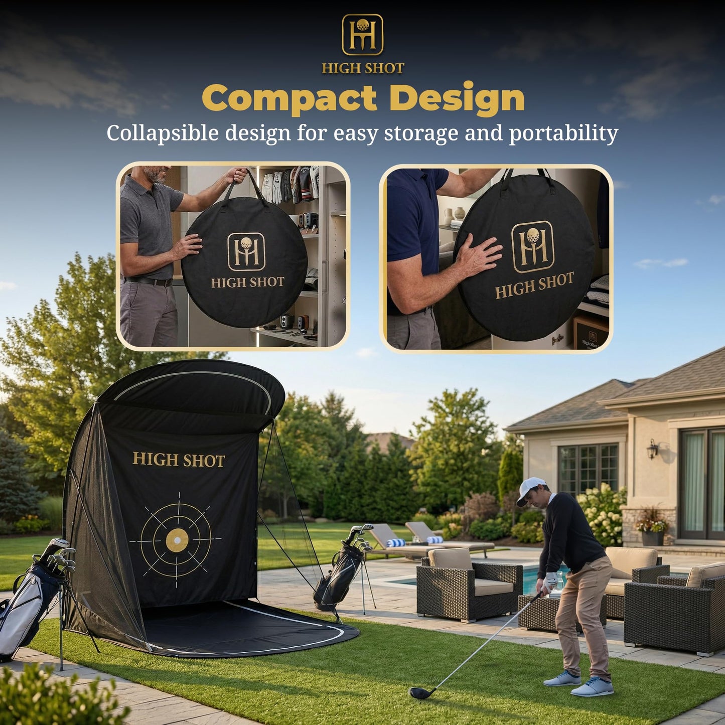 High Shot Golf Practice Net with Ball Return and Two Interchangeable Target Nets - 7.5 ft x 6 ft x 9.5 ft Heavy Duty Dual Golf Hitting Net System with Canopy for Indoor and Outdoor Use