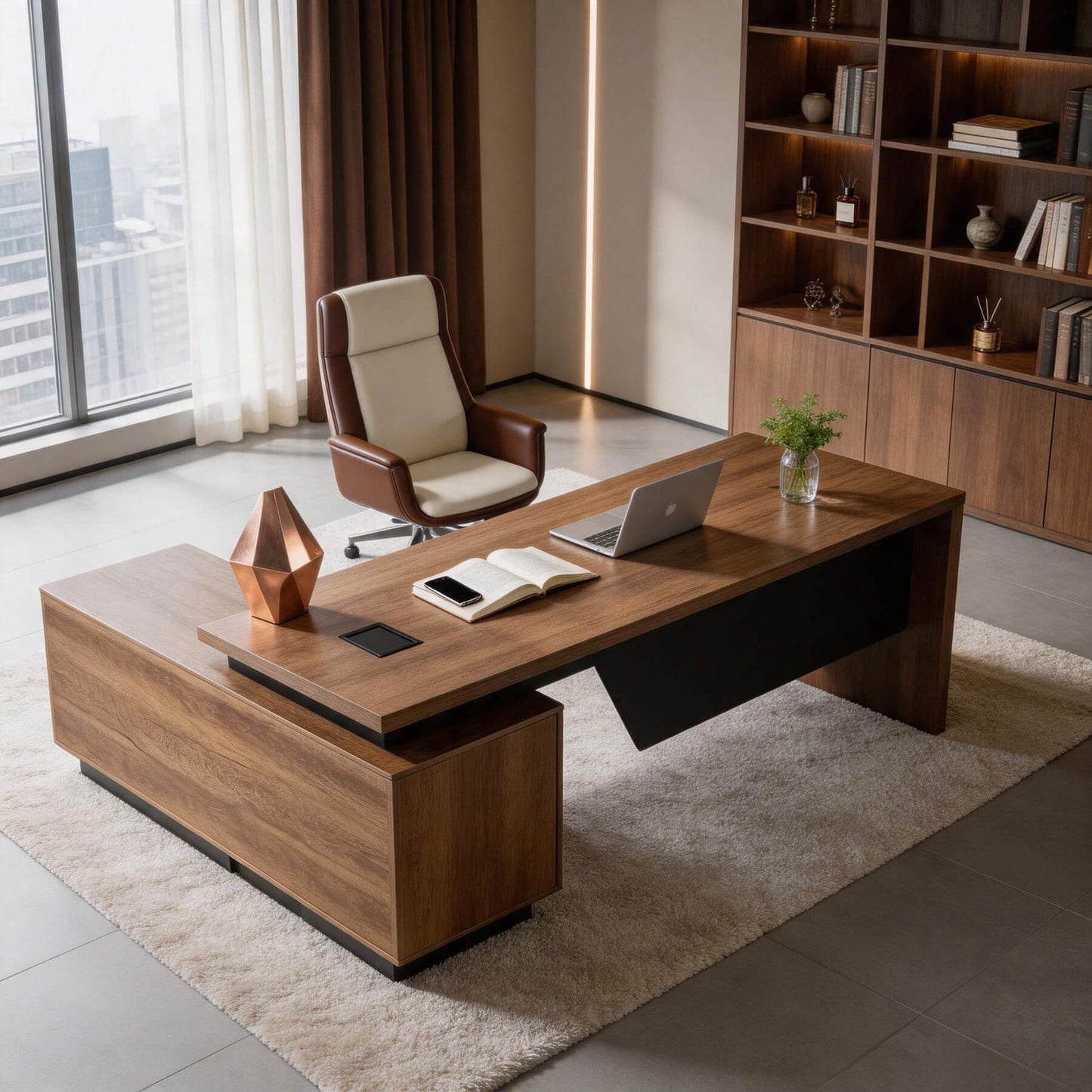 ONNAHOMEStlyle L Shaped Desk with File Drawer, Solid Wood Large Executive Desk for Home Office, Adjustable Width (86.6" to 94.5"), Storage Cabinet & 2 Drawers, Right Return