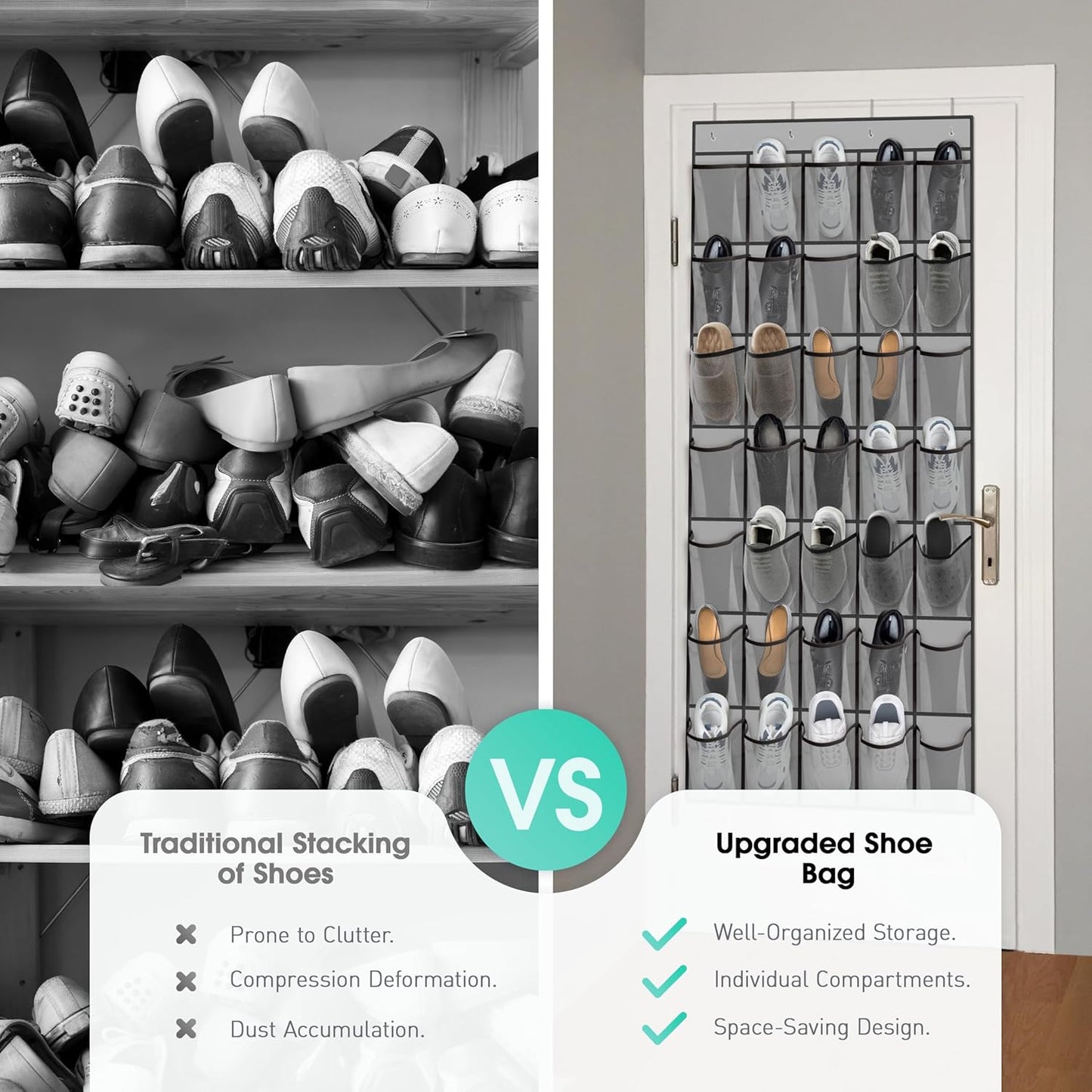 WVM Over The Door Shoe Organizer - 35 Breathable Mesh Pockets | Large Capacity Closet Storage in Grey