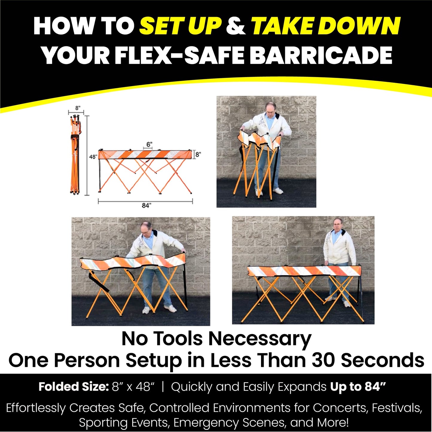 Flex-Safe - Flex-Safe Safety Barriers, Portable Expandable Barricade 7 ft Traffic Barricade Parking Barrier Folding Security Gate Scissor Gate Traffic Cones Alternative Safety Orange