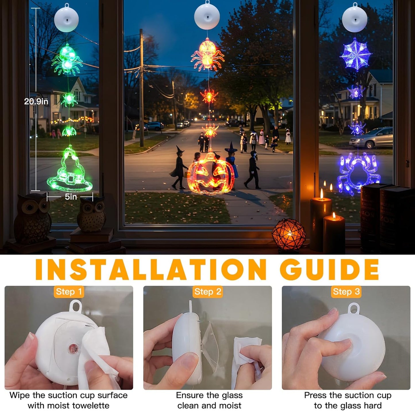 Suddus Halloween Lights - 3 Pack Battery Operated with Timer | Orange Pumpkin, Violet Spider & Green Witch Hat Decor
