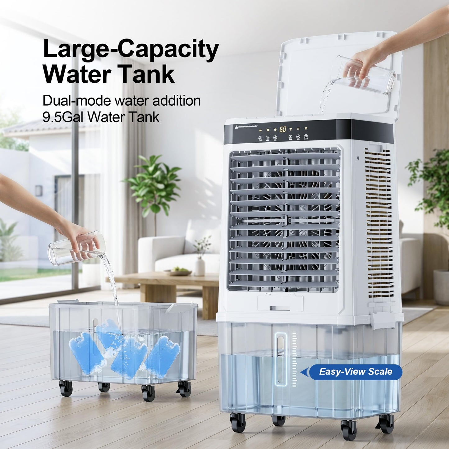 AKIRES 2800CFM Swamp Cooler Air conditioner,Evaporative Air Cooler with 9.5Gal Detachable Water Tank,Ice Packs,12H Timer,Portable Cooling Tower Fan for Indoor Outdoor White
