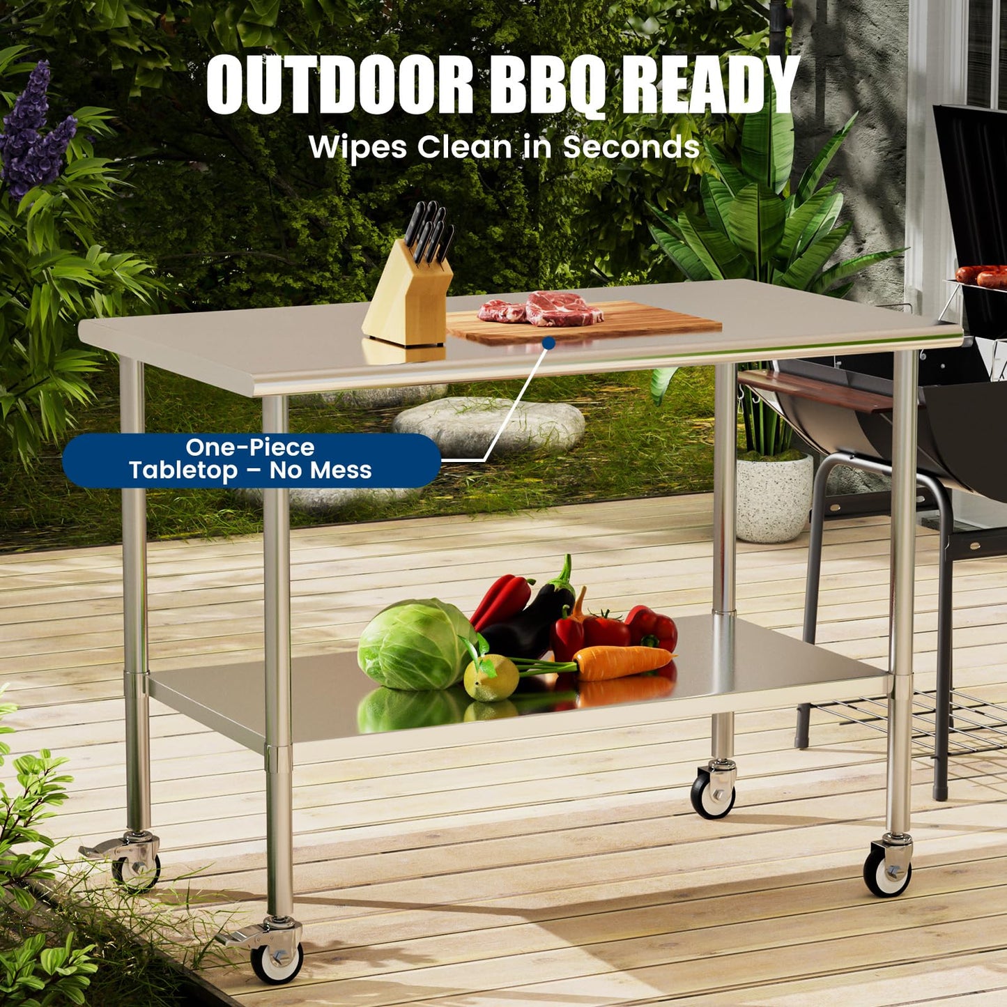 Chingoo Stainless Steel Work Table with Wheels, 30x60 Inch NSF Kitchen Prep Table with Adjustable Undershelf for Commercial Restaurant, Garage, Outdoor BBQ