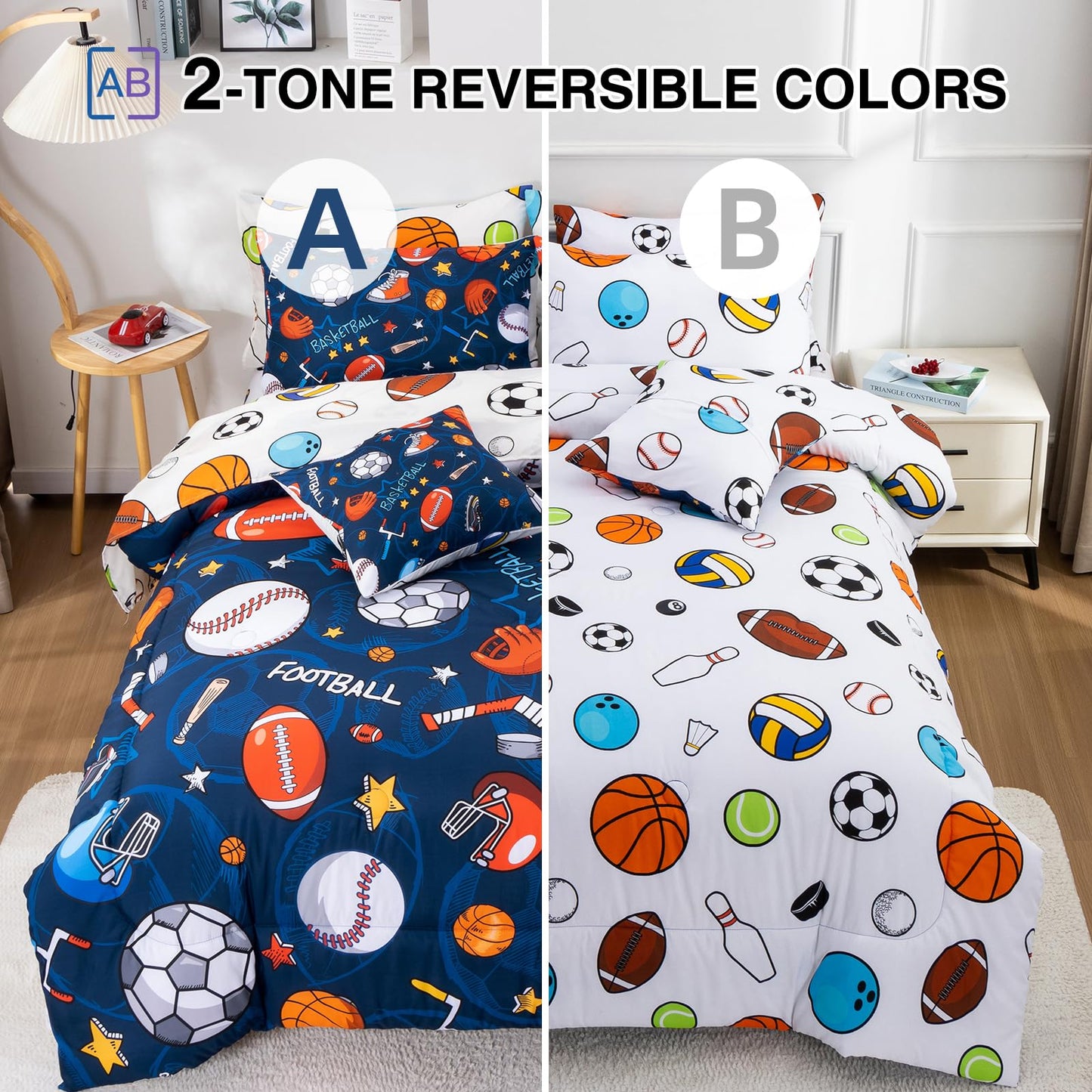 A Nice Night 6Pcs Bed in A Bag Full Sports Microfiber Modern Comforter Set,Navy Rugby Ball Printed Bedding Collections,for Boys Kids Teen