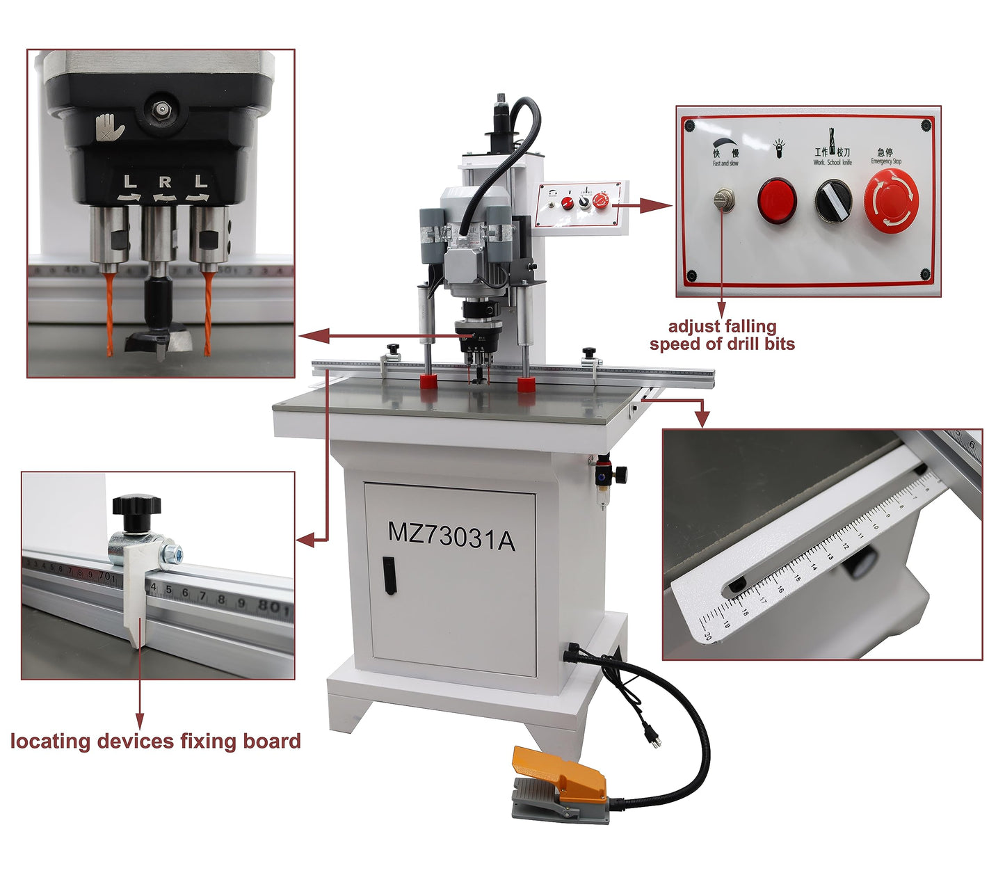TECHTONGDA Hinge Boring Drill Press Machine Woodworking Wood Electric Pneumatic Hole Puncher 0-2inch Drilling Depth Single Head 48-6