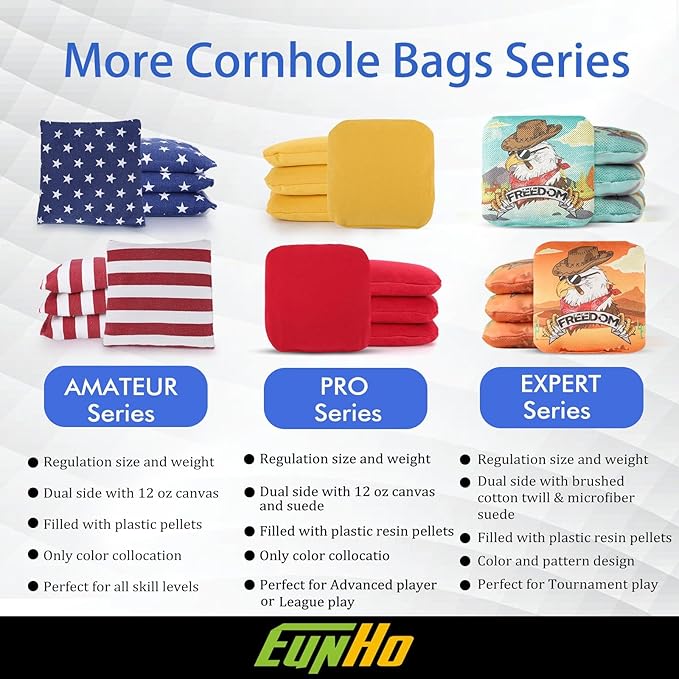 EunHo Dual Sided Cornhole Bags Regulation Set of 8 Professional Cornhole Bean Bags Slick and Stick for Tossing Game-All Weather