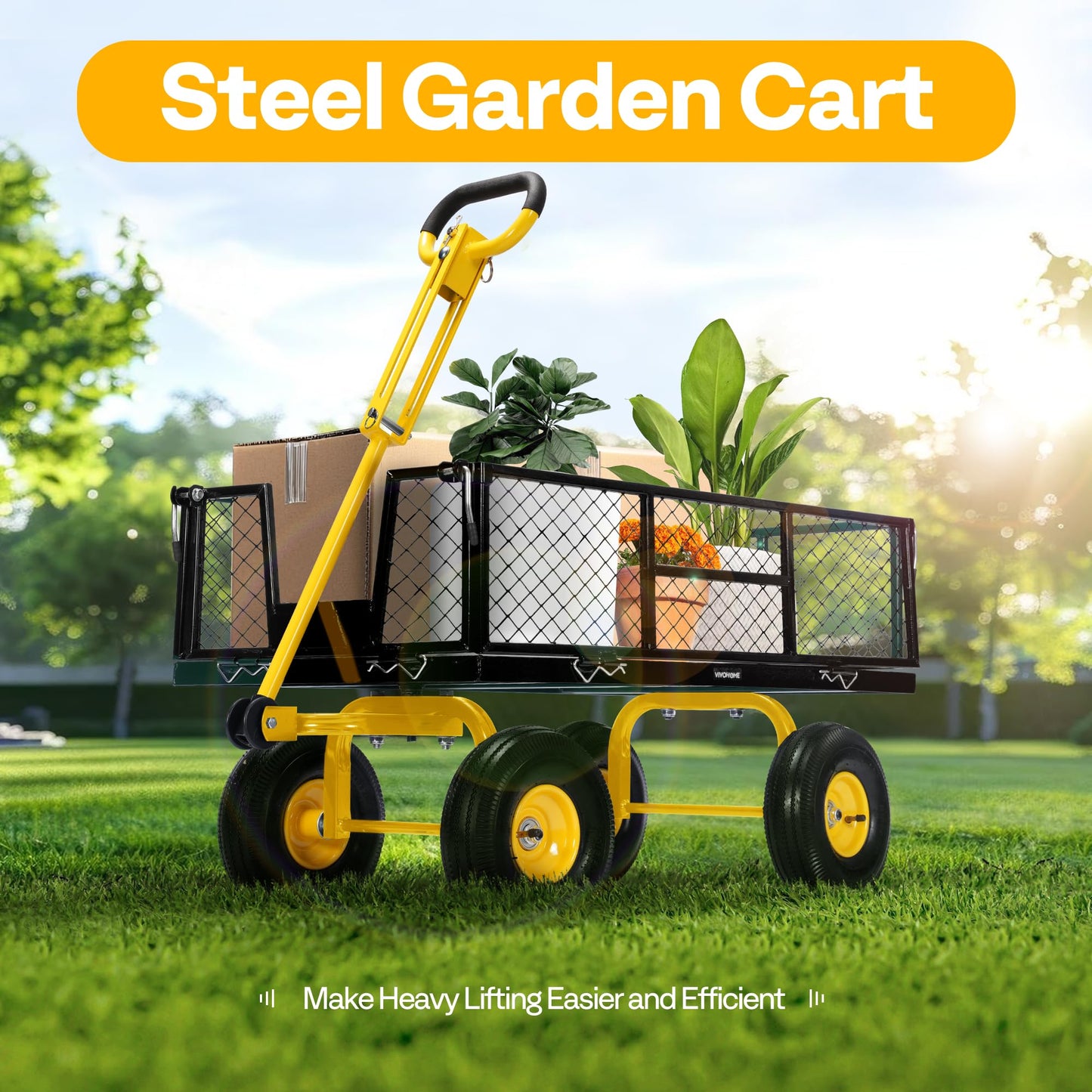 VIVOHOME Garden Cart Steel Heavy Duty 900 LBS Yard and Garden Wagon with 10 inch Tire and Handle Attach to ATV or Tractor Black