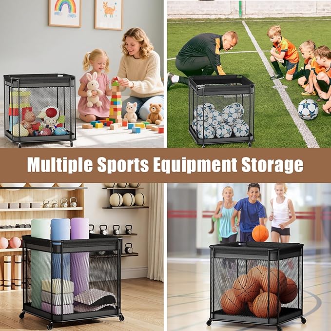 VOPEAK Oversized Rolling Ball Storage Cart with Lockable Wheels, Ball Storage Organizer with Mesh Basket, Sports Ball Rack for Indoor Outdoor, Metal Sports Equipment Organizer for Garage Gym School