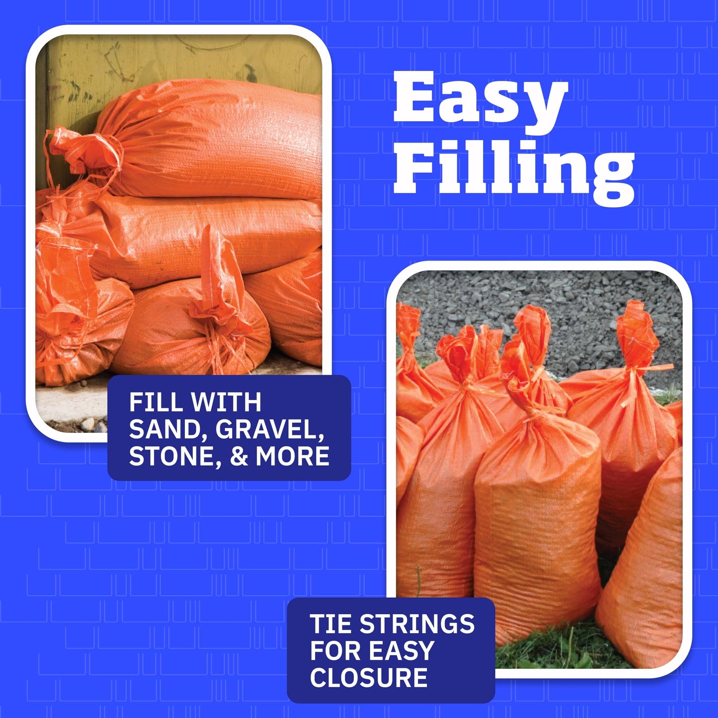 DURASACK Heavy Duty Sand Bags with Tie Strings Empty Woven Polypropylene Sand-bags for Flood Control with 1600 Hours of UV Protection, 50 lbs Capacity, 14x26 inches, Orange, Pack of 100